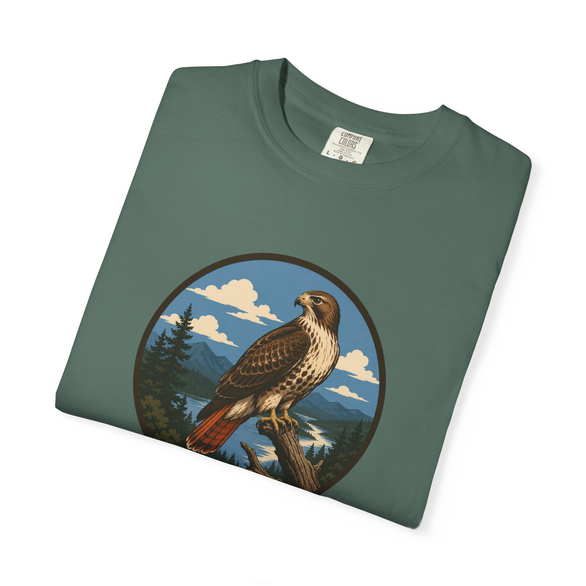 Red-Tail Hawk Mountain Circle T-Shirt — Vintage Hawk Nature Graphic Tee