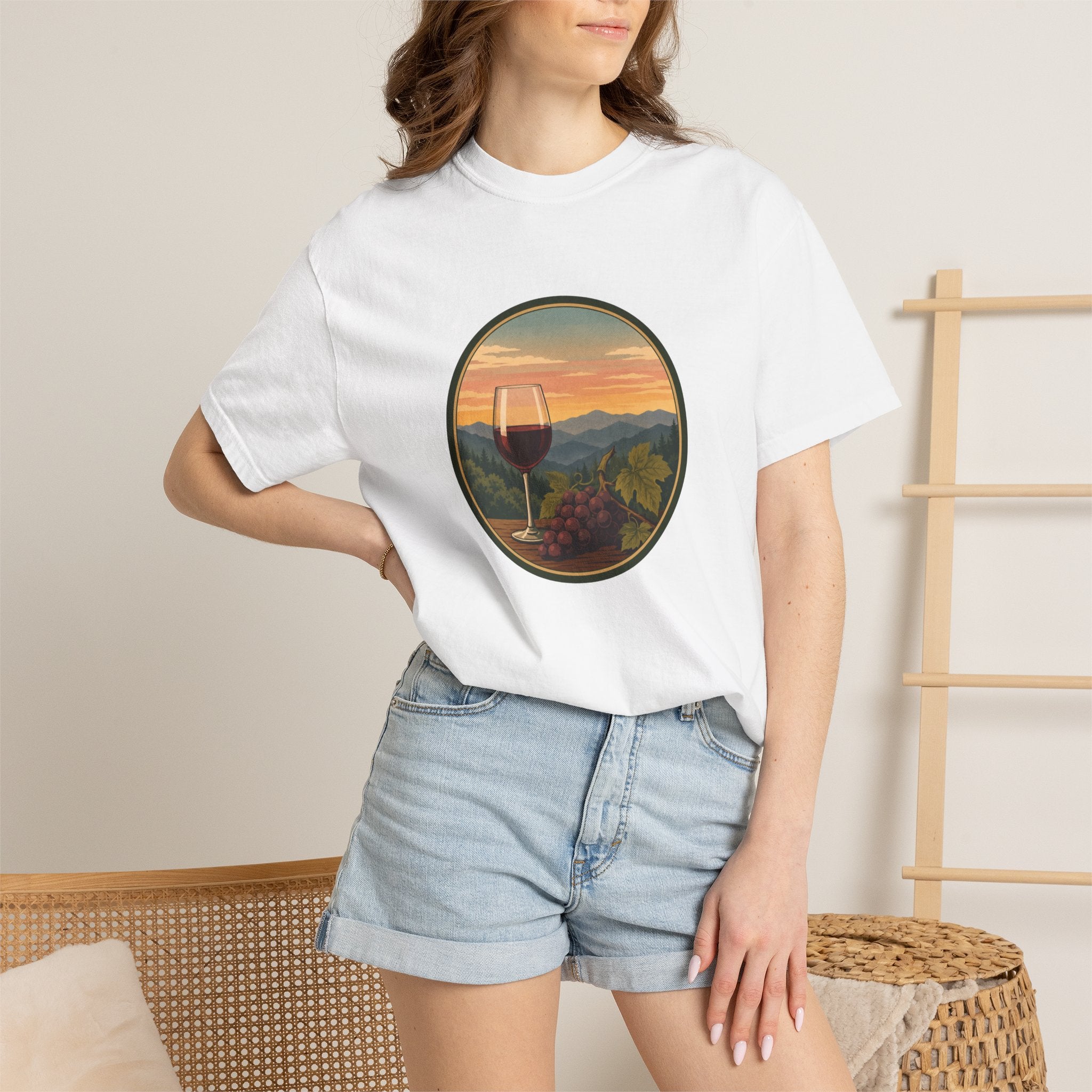 Wine Sunset T-Shirt — Vineyard Glass & Grapes Scenic Tee