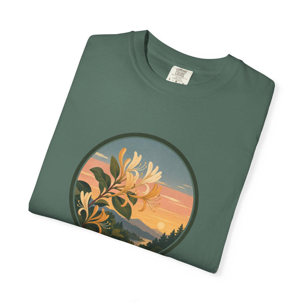 Sunset Honeysuckle T-Shirt — Floral Sunset Circle Graphic Tee