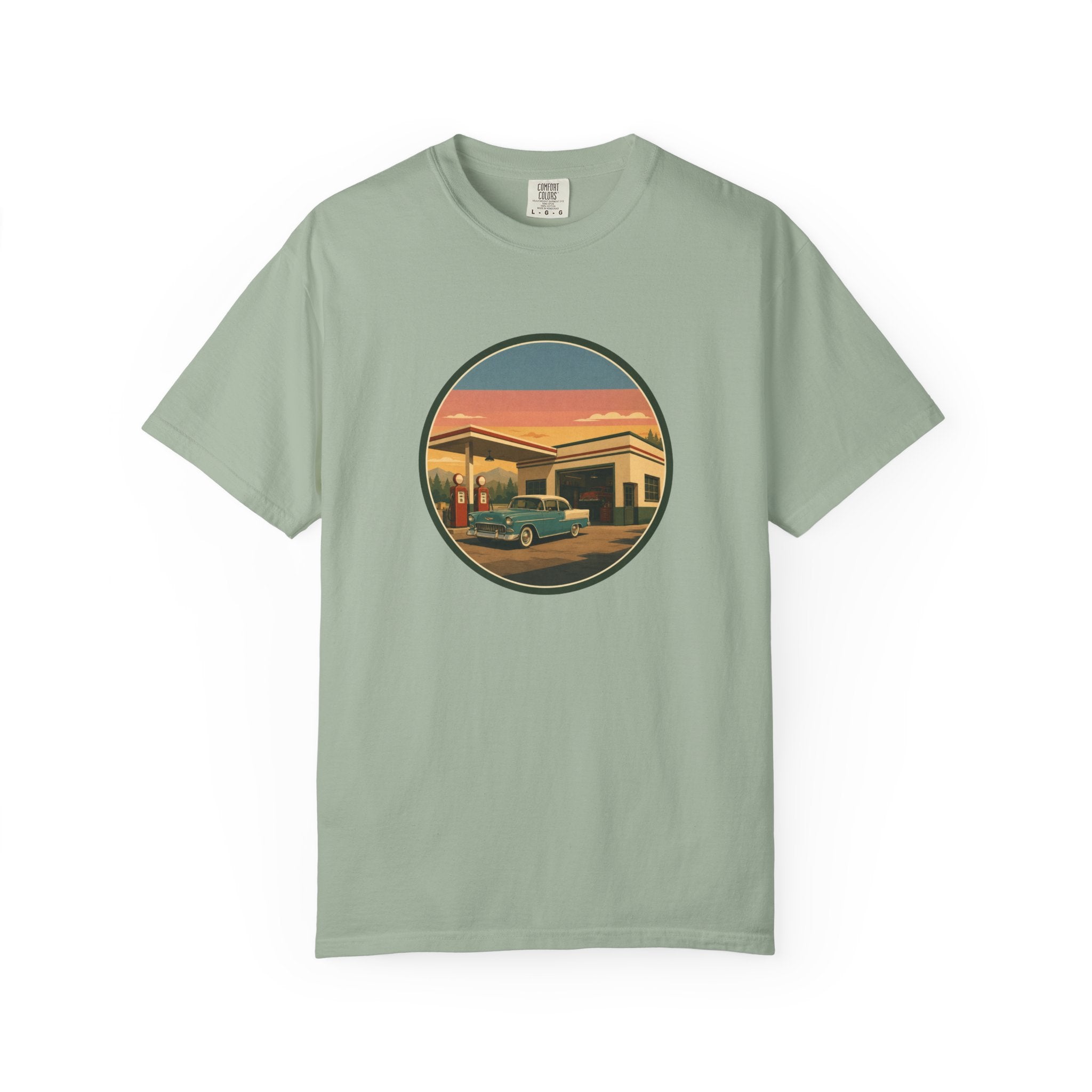 Retro Gas Station T-Shirt — Vintage Sunset Roadside Design