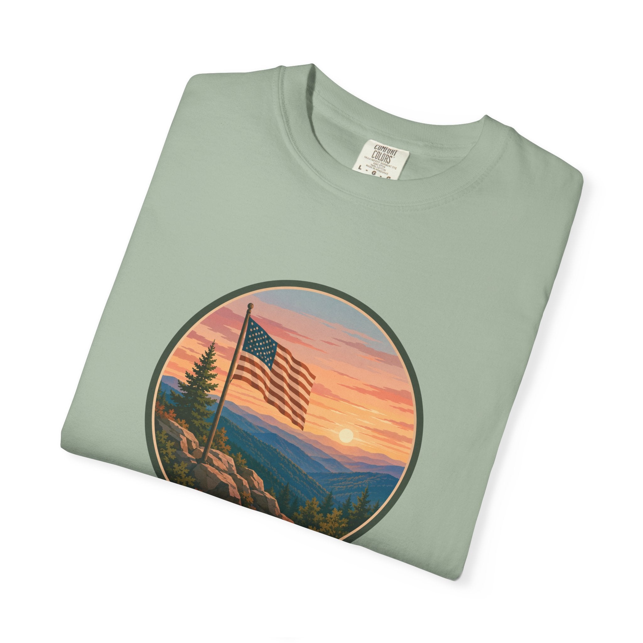 Flag Over Blue Ridge Mountains T-Shirt — Scenic Sunset American Flag Graphic Tee