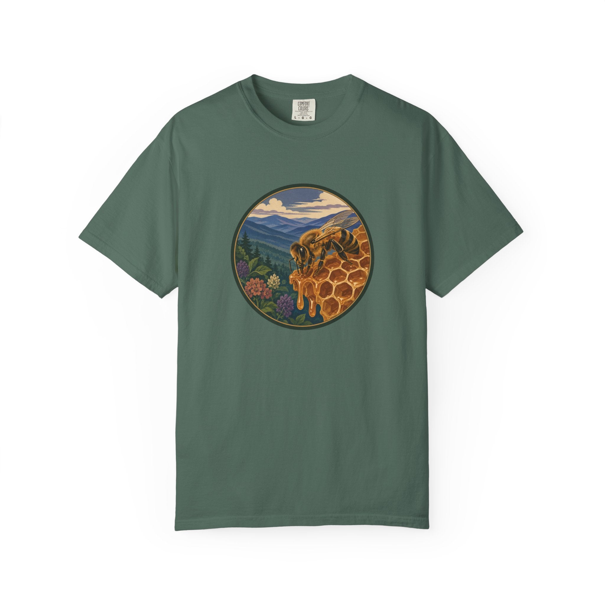 Honey Bee & Mountains Graphic T-Shirt — Honeycomb Nature Illustration