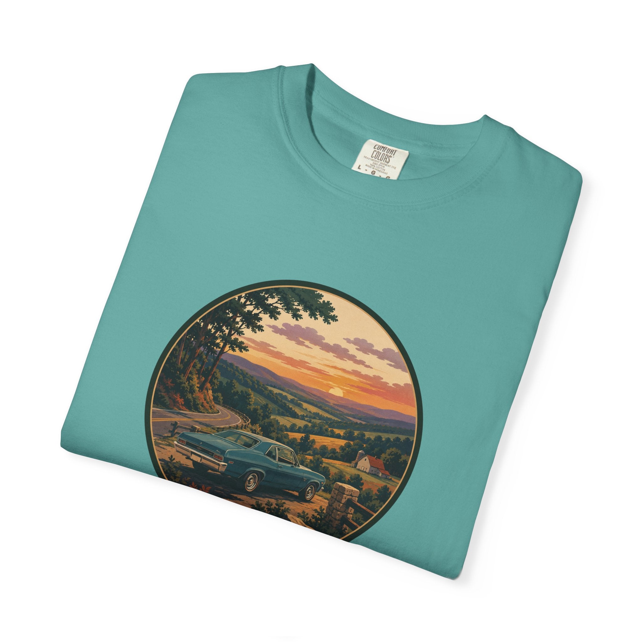 Sunset Valley Classic Car Landscape T-Shirt
