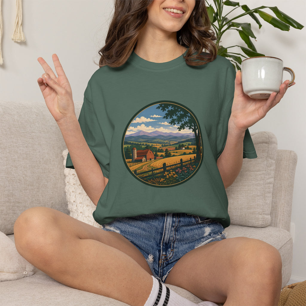 Scenic Countryside T-Shirt — Vintage Farm Landscape Graphic