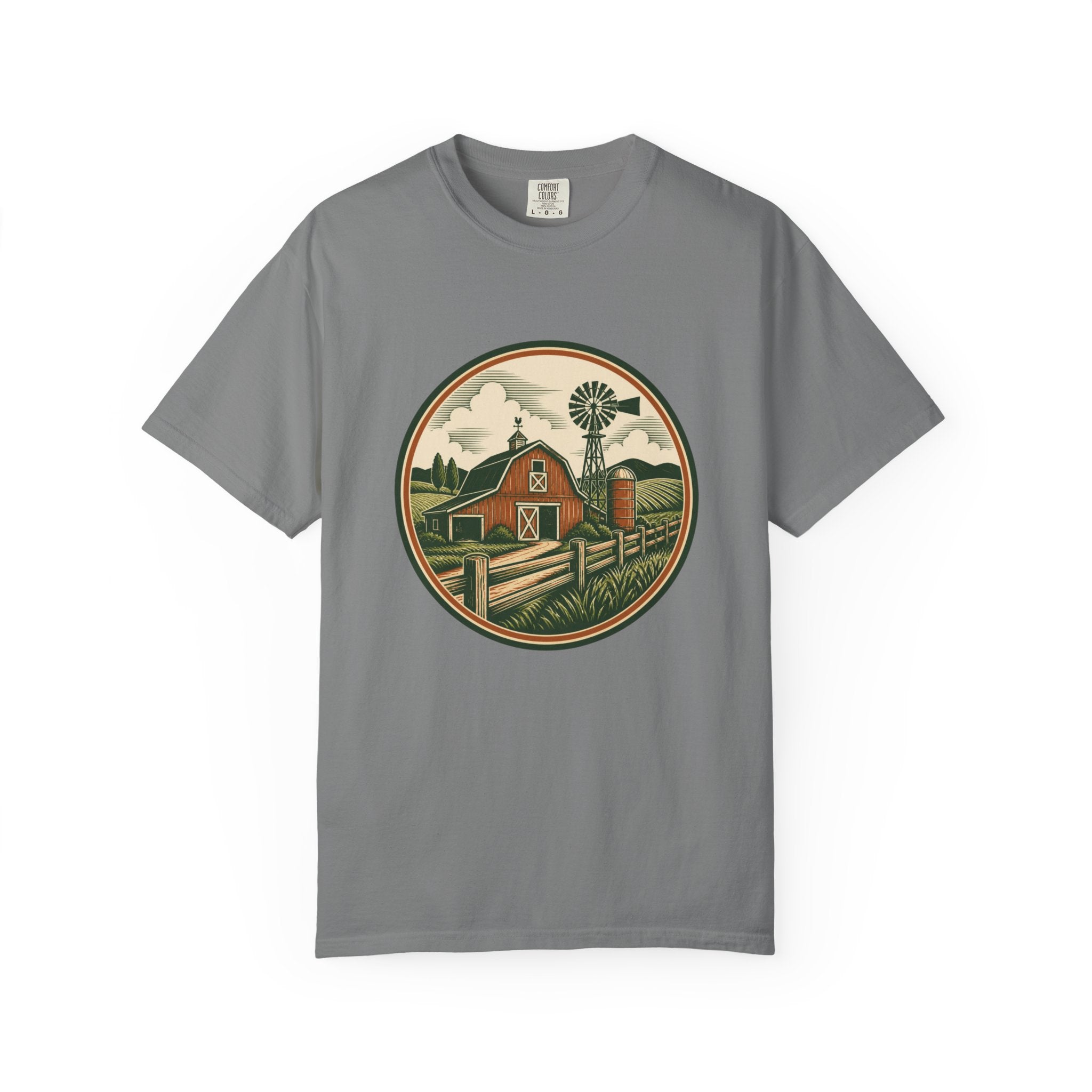 Barn & Windmill Farm T-Shirt — Vintage Rural Landscape Tee