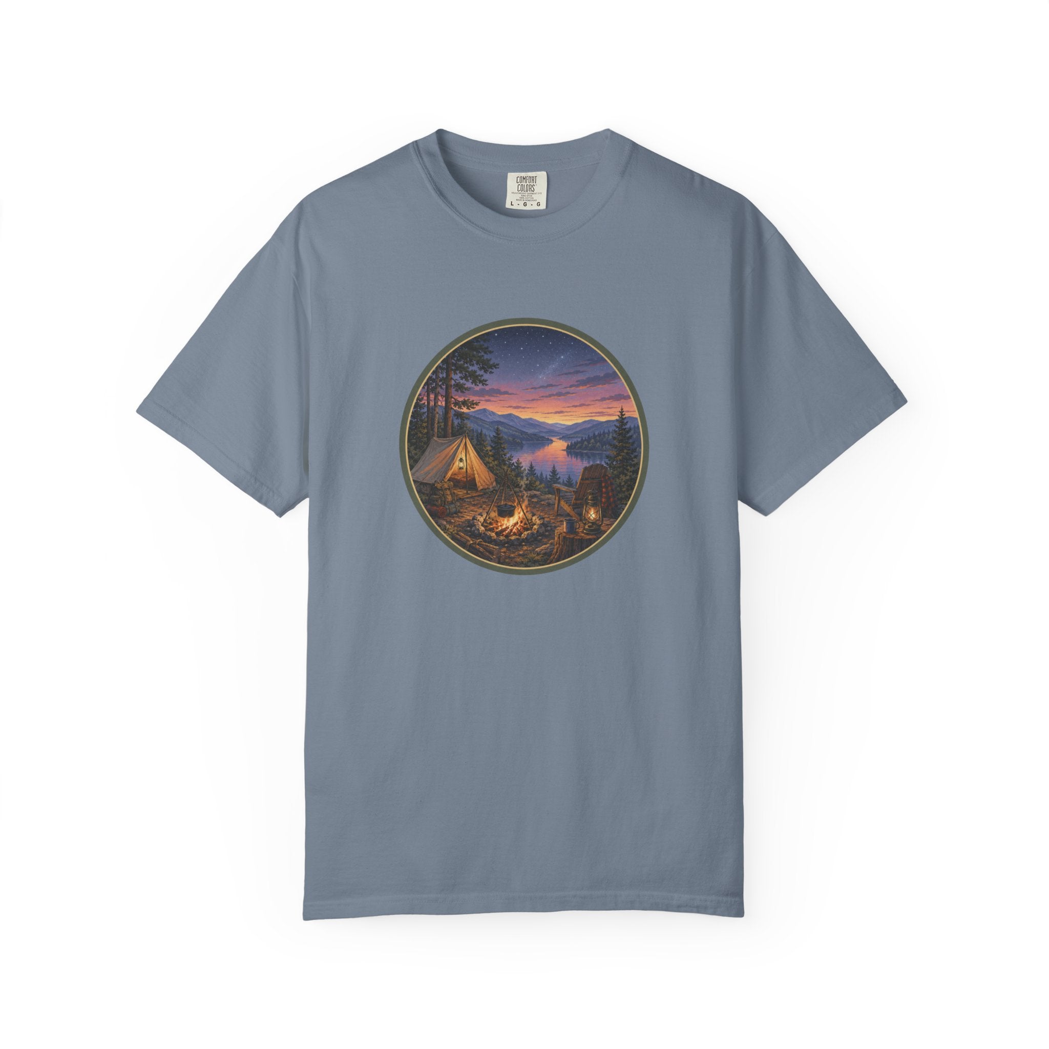 Camping Sunset T-Shirt — Riverside Campfire Night Scene