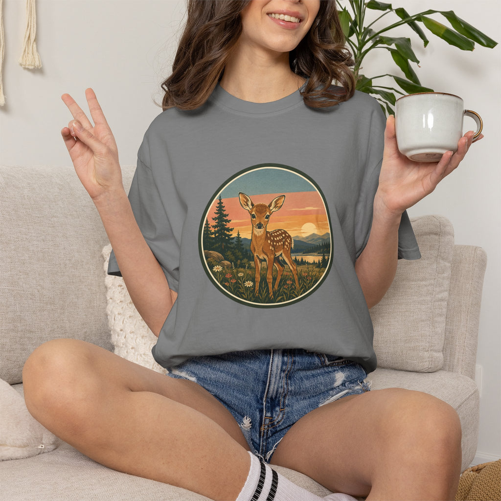 Vintage Fawn Graphic T-Shirt — Deer Sunset Nature Tee
