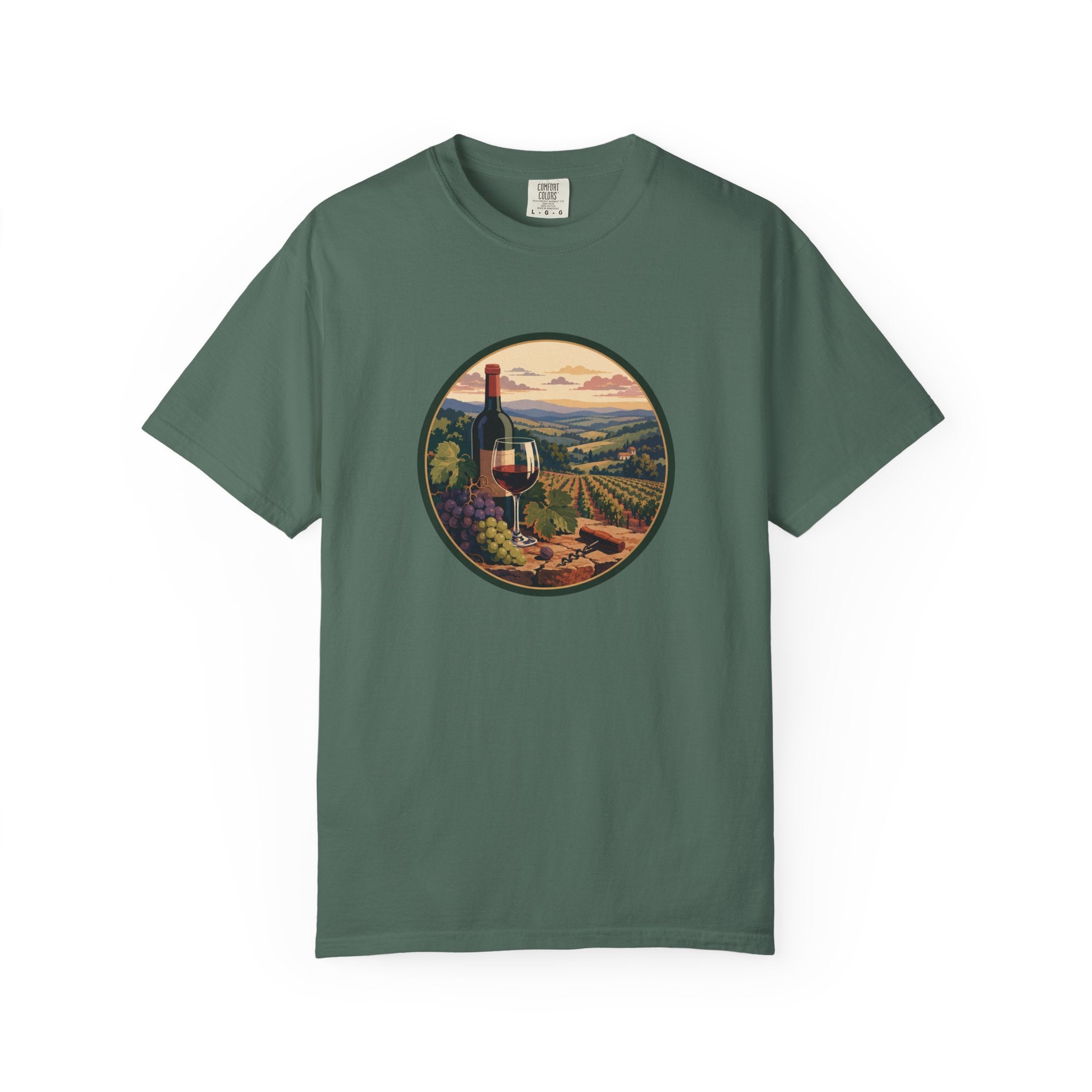 Wine Country Scenic T-Shirt – Vineyard Bottle & Sunset Graphic