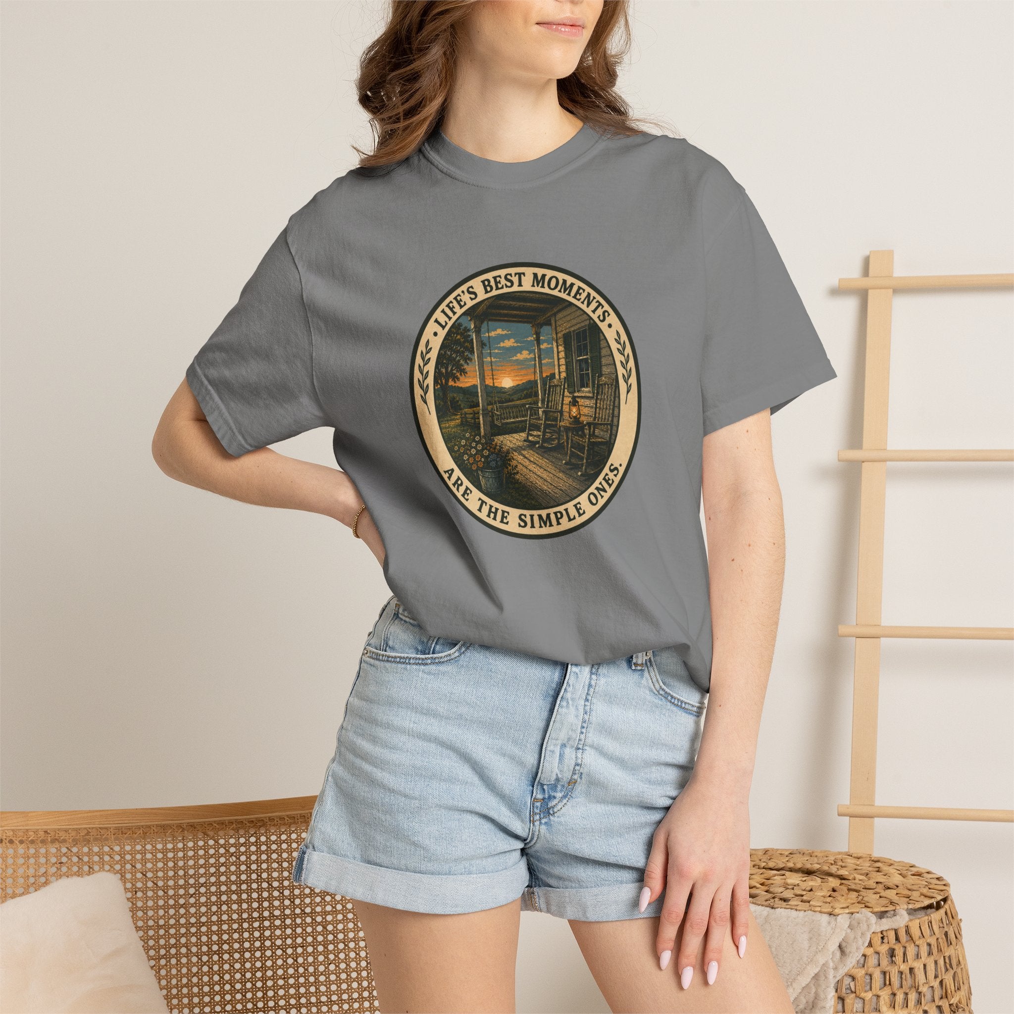 'Life's Best Moments Are the Simple Ones' Sunset Porch Graphic T-Shirt