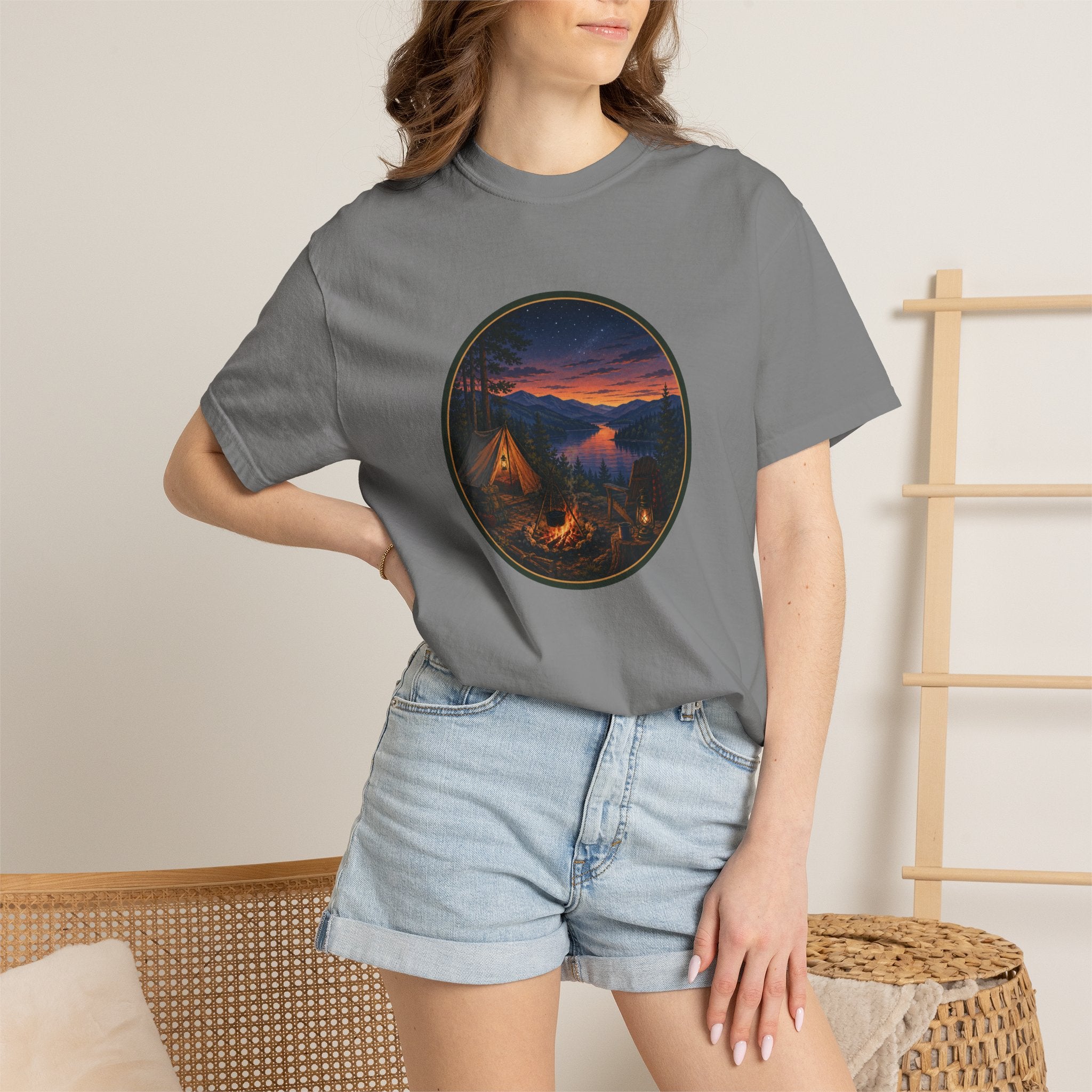 Camping Sunset T-Shirt — Riverside Campfire Night Scene