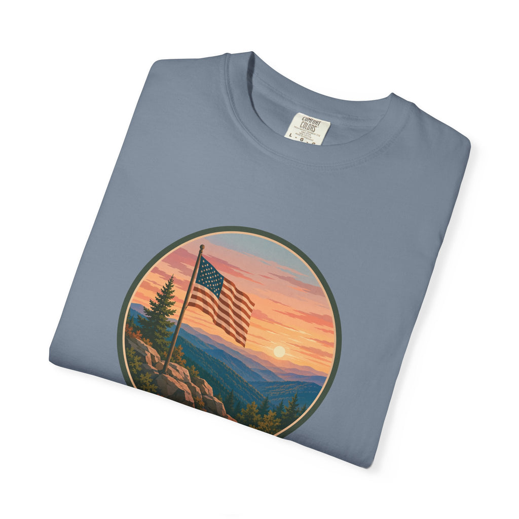 Flag Over Blue Ridge Mountains T-Shirt — Scenic Sunset American Flag Graphic Tee