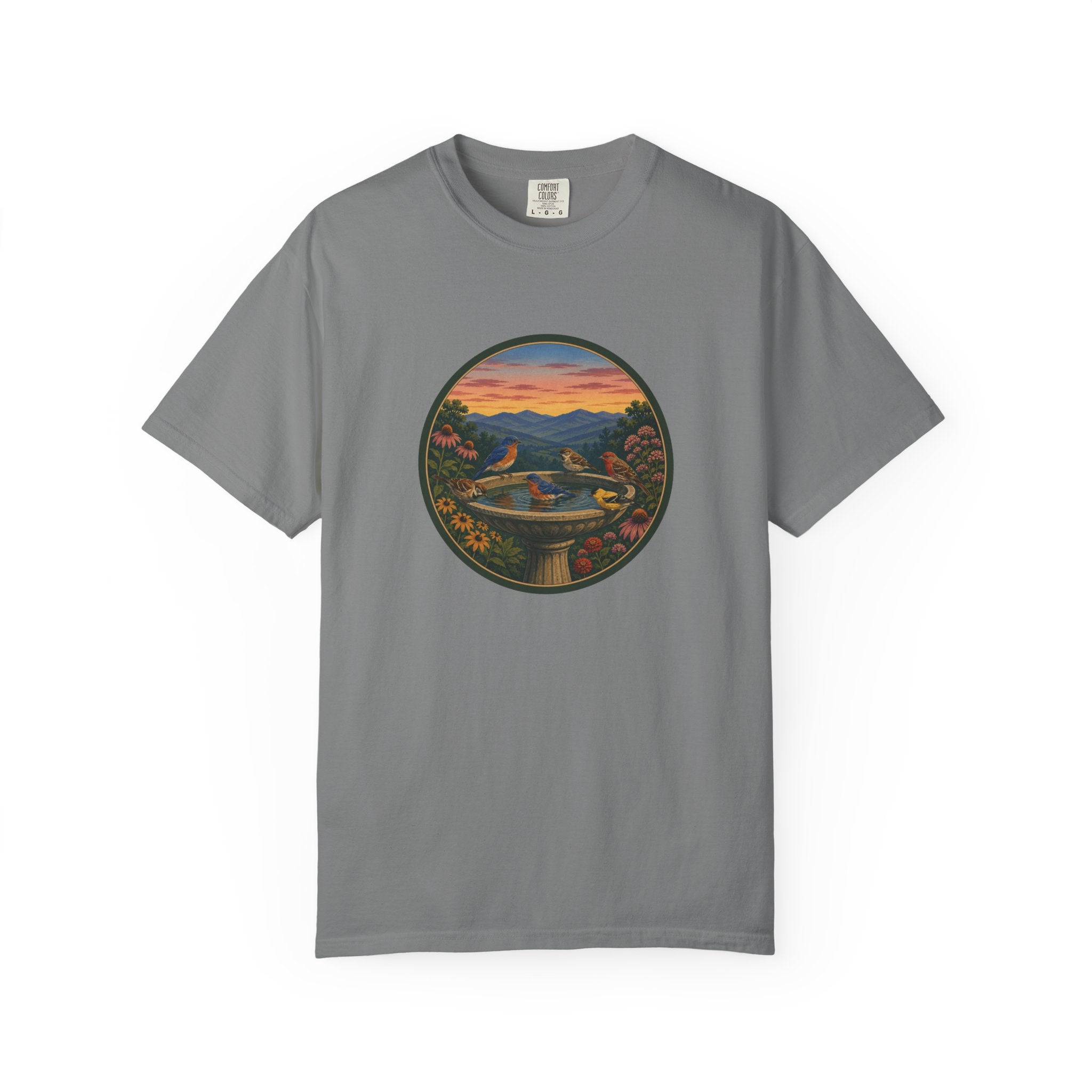 Sunset Garden Tee — Vintage Birdbath Landscape T-Shirt