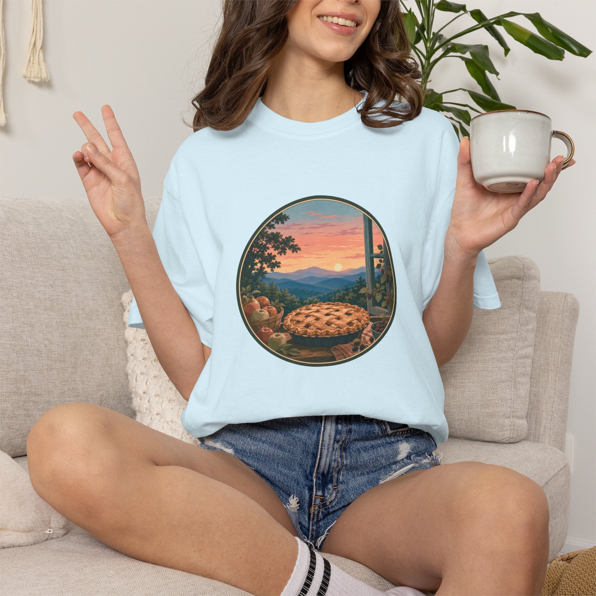 Scenic Pie Window T-Shirt — Sunset Mountain View Graphic Tee
