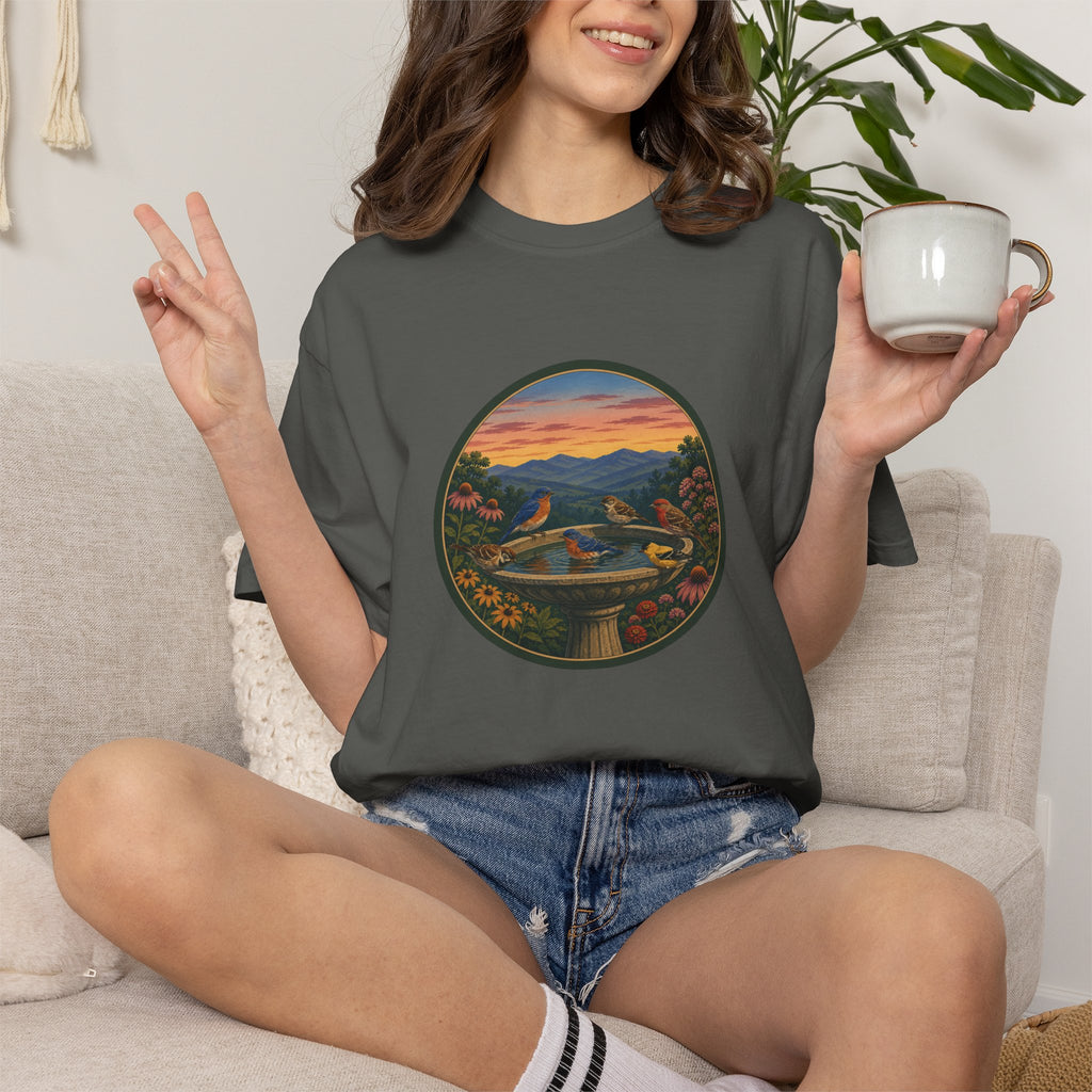 Sunset Garden Tee — Vintage Birdbath Landscape T-Shirt