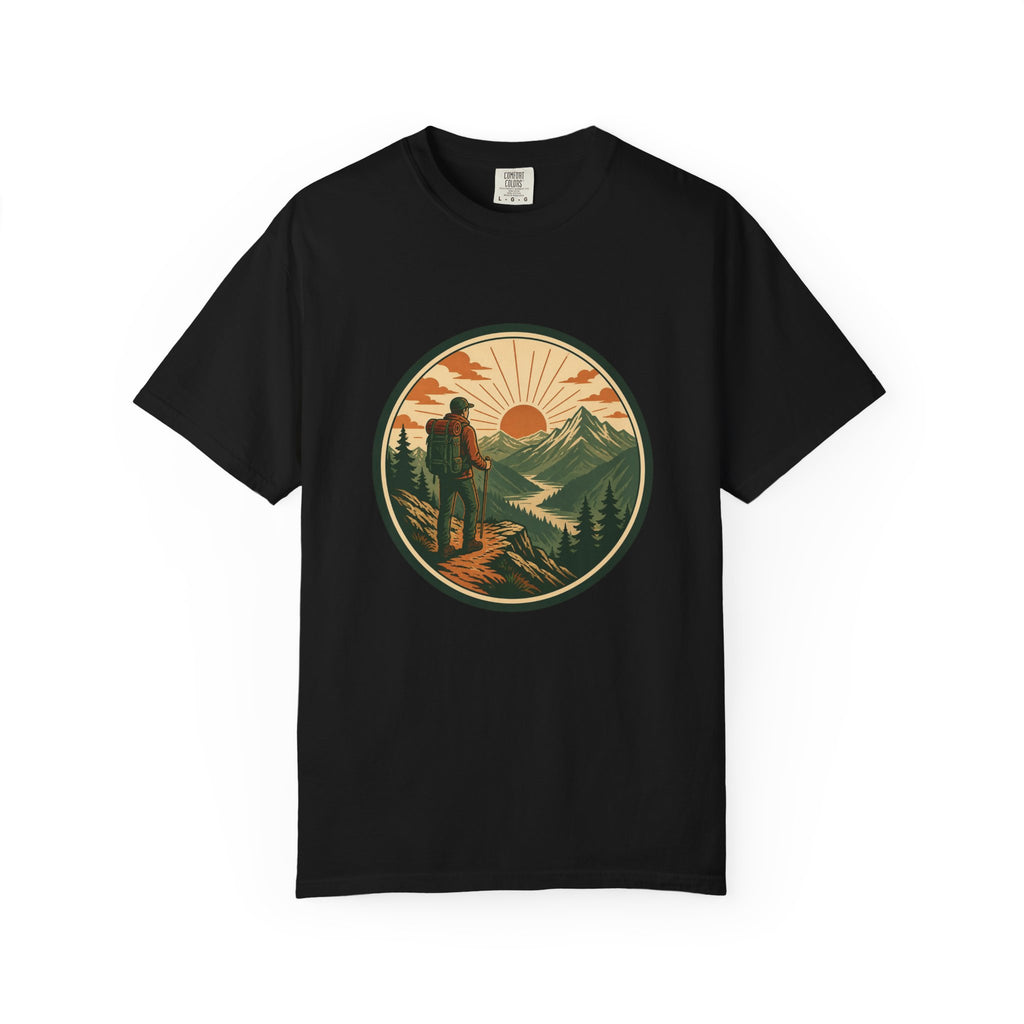 Hiker Sunset Graphic T-Shirt — Mountain Adventure Outdoor Tee