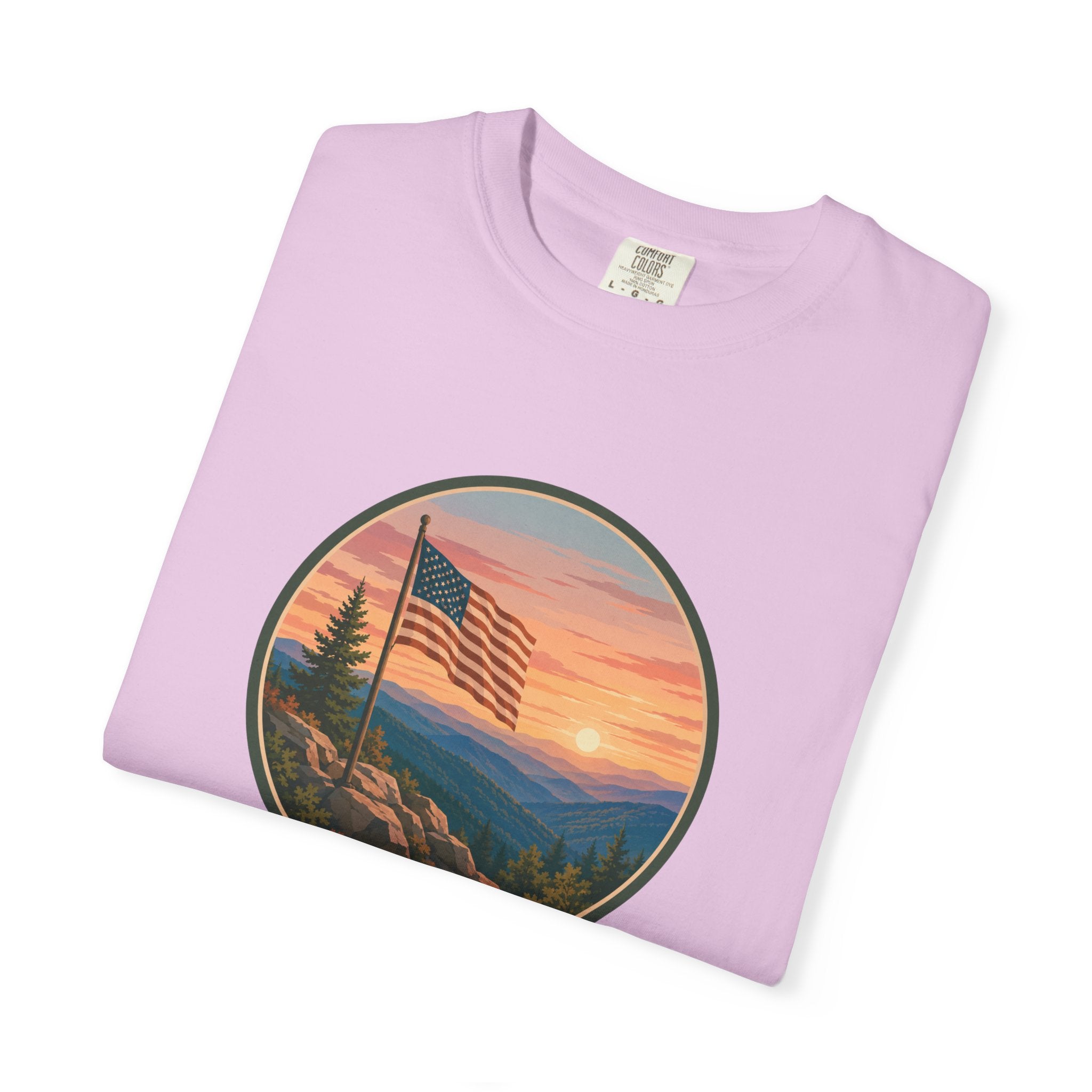 Flag Over Blue Ridge Mountains T-Shirt — Scenic Sunset American Flag Graphic Tee