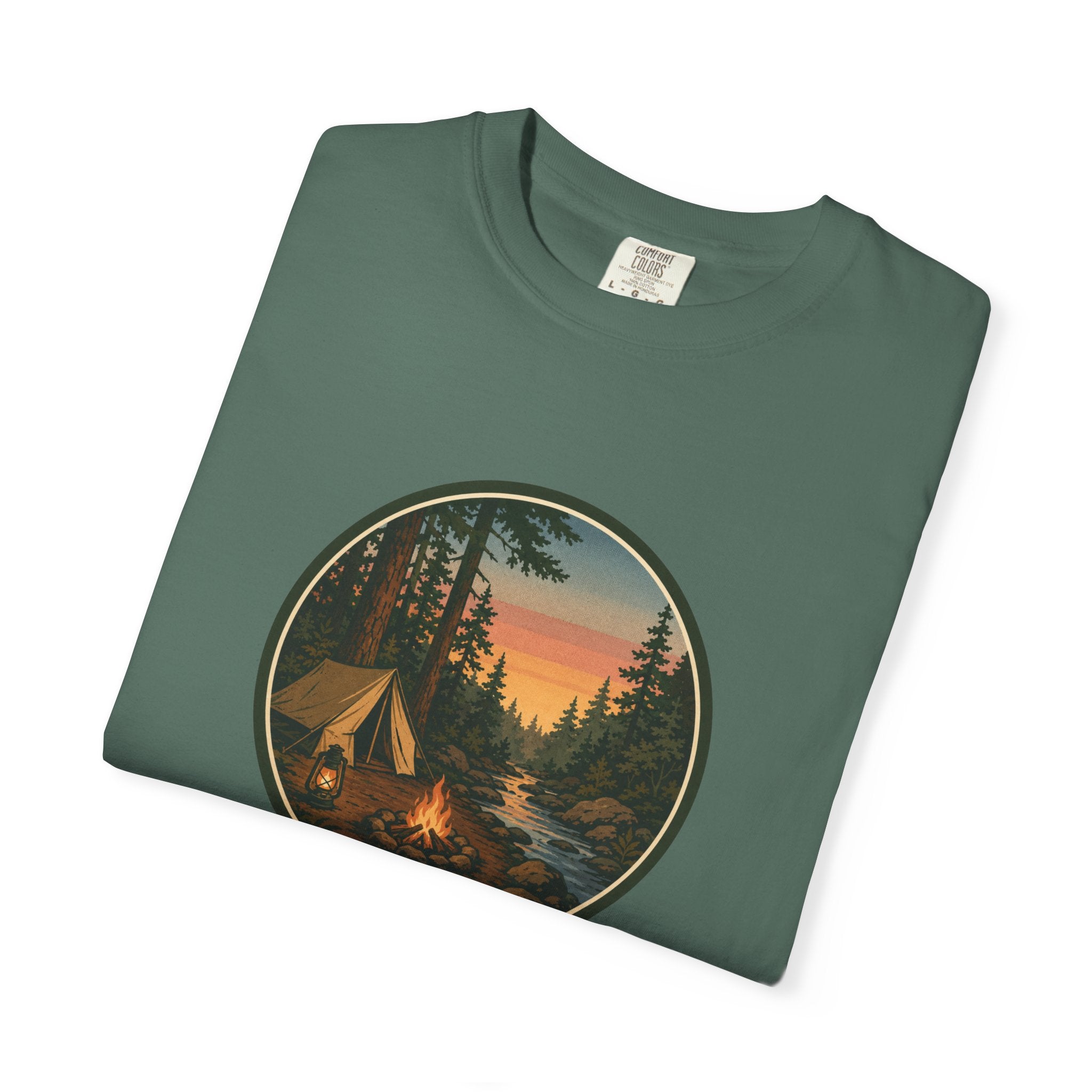 Camping Sunset T-Shirt — Vintage Tent & Campfire Graphic