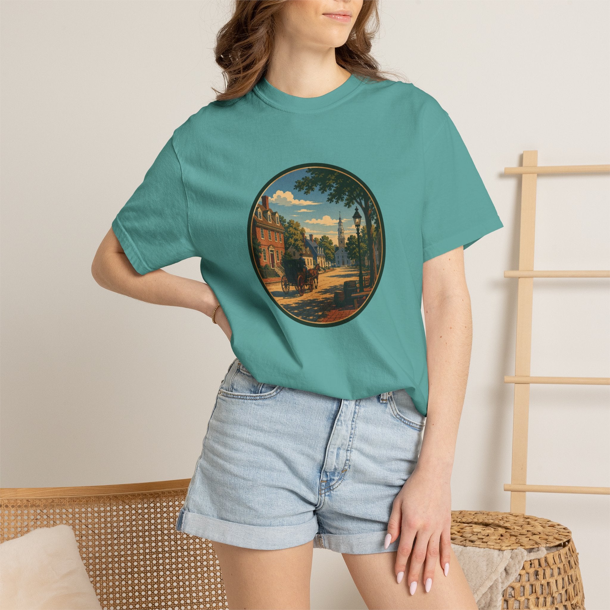 Colonial Carriage Ride T-Shirt — Retro Scenic Circle Print