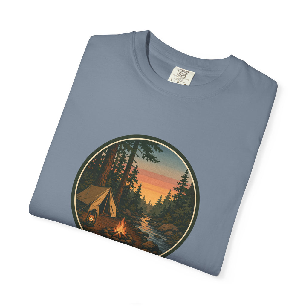 Camping Sunset T-Shirt — Vintage Tent & Campfire Graphic