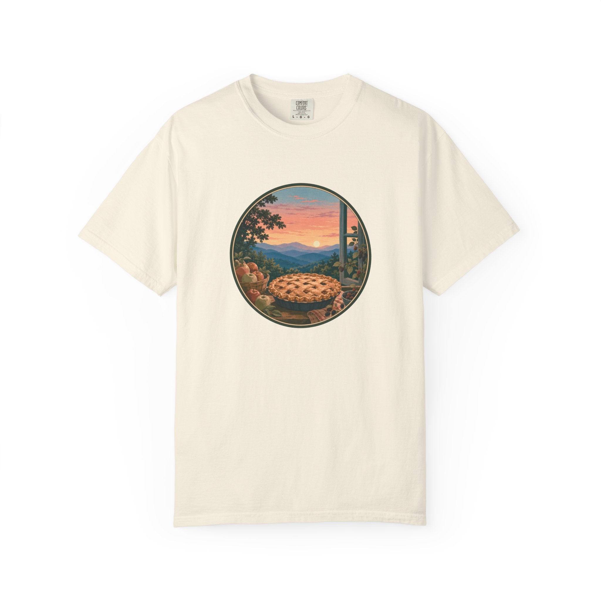 Scenic Pie Window T-Shirt — Sunset Mountain View Graphic Tee