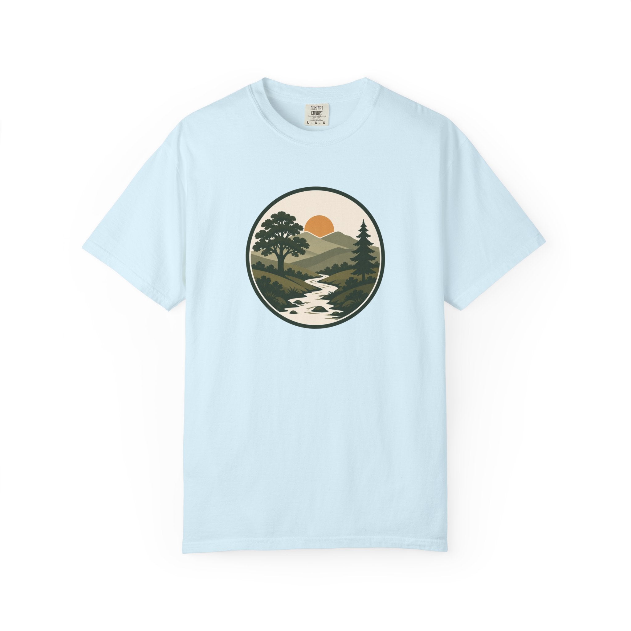 Simple Goodness Badge T-Shirt — Scenic Mountain Sunset River Design