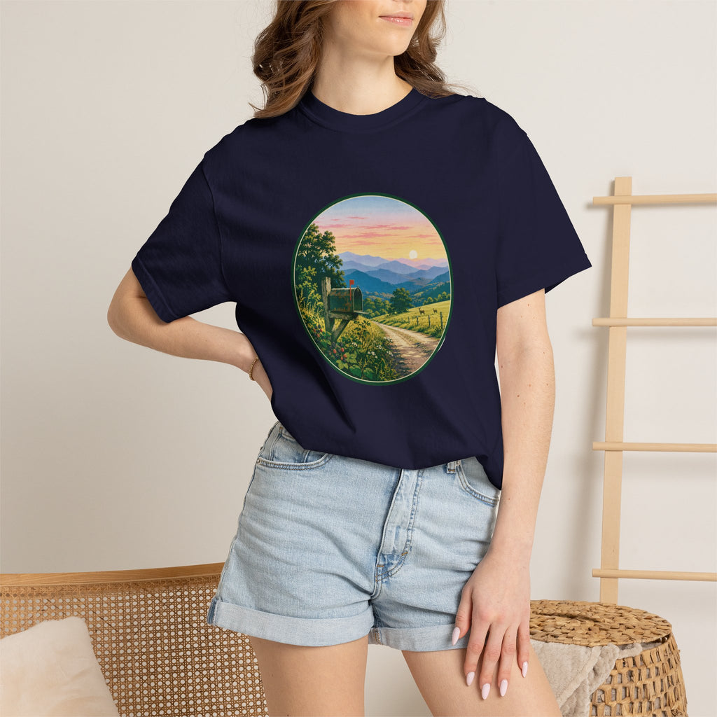 Scenic Backroad Sunset T-Shirt — Vintage Mailbox Circle Landscape Tee