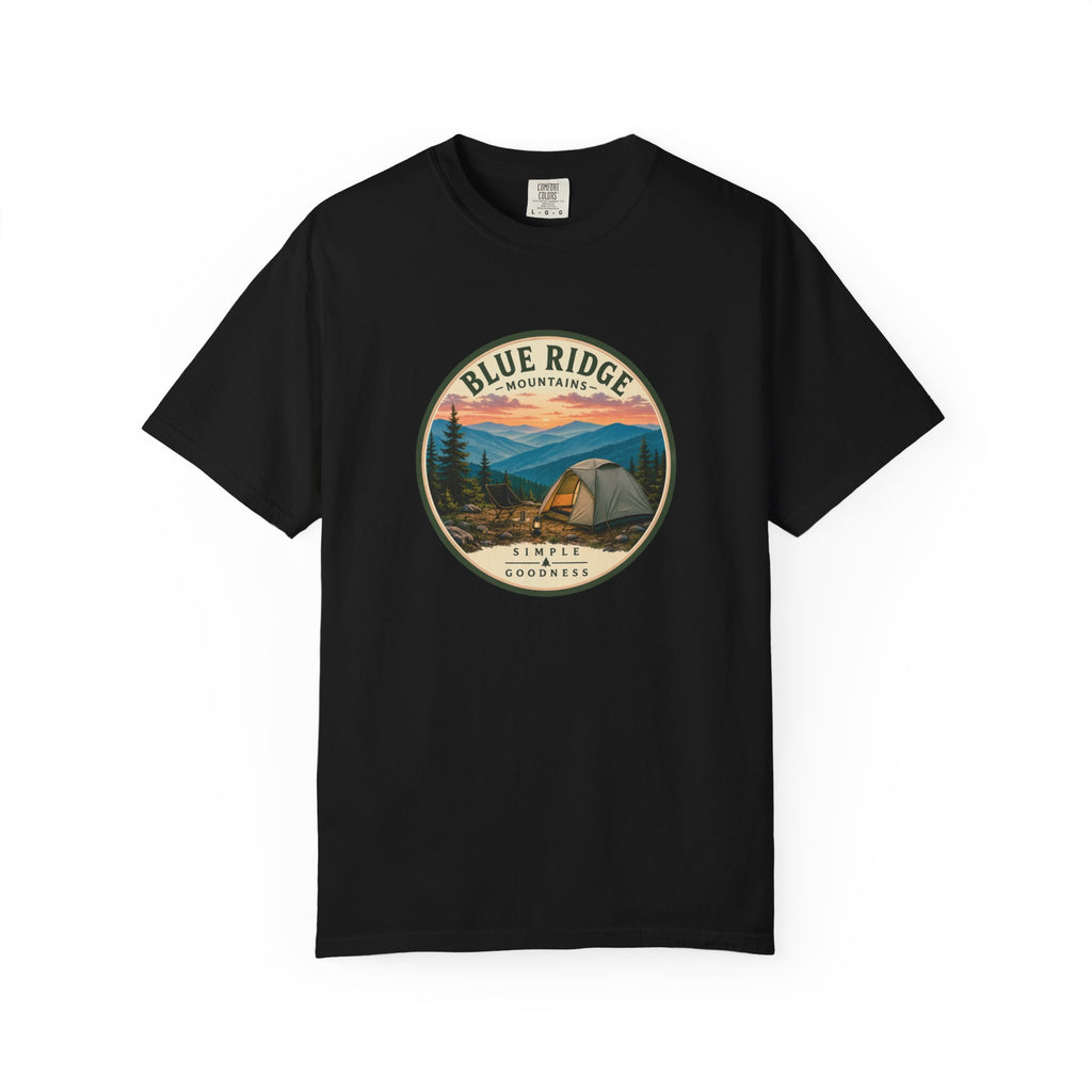 Blue Ridge Mountains Camping T-Shirt — Vintage Scenic Camp Graphic