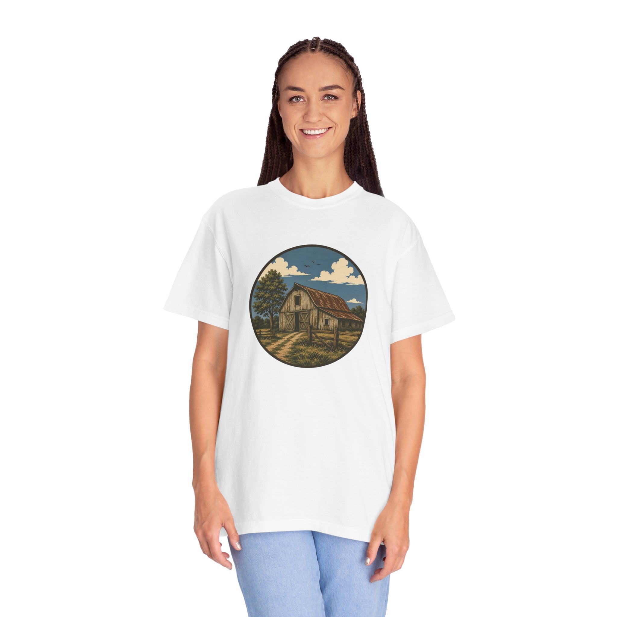 Barn Scene T-Shirt — Rustic Farmhouse Circle Graphic Tee