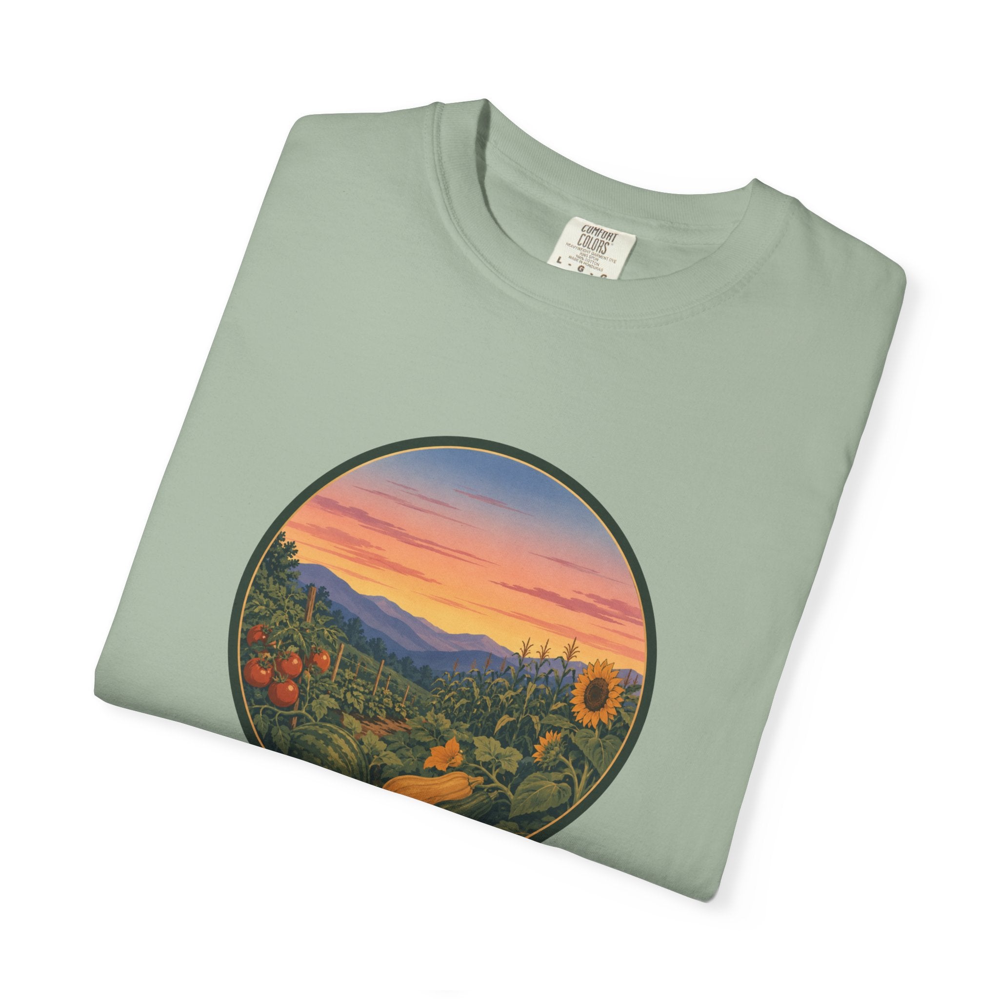 Sunset Mountain Garden T-Shirt — Scenic Fresh Vegetables Landscape Tee