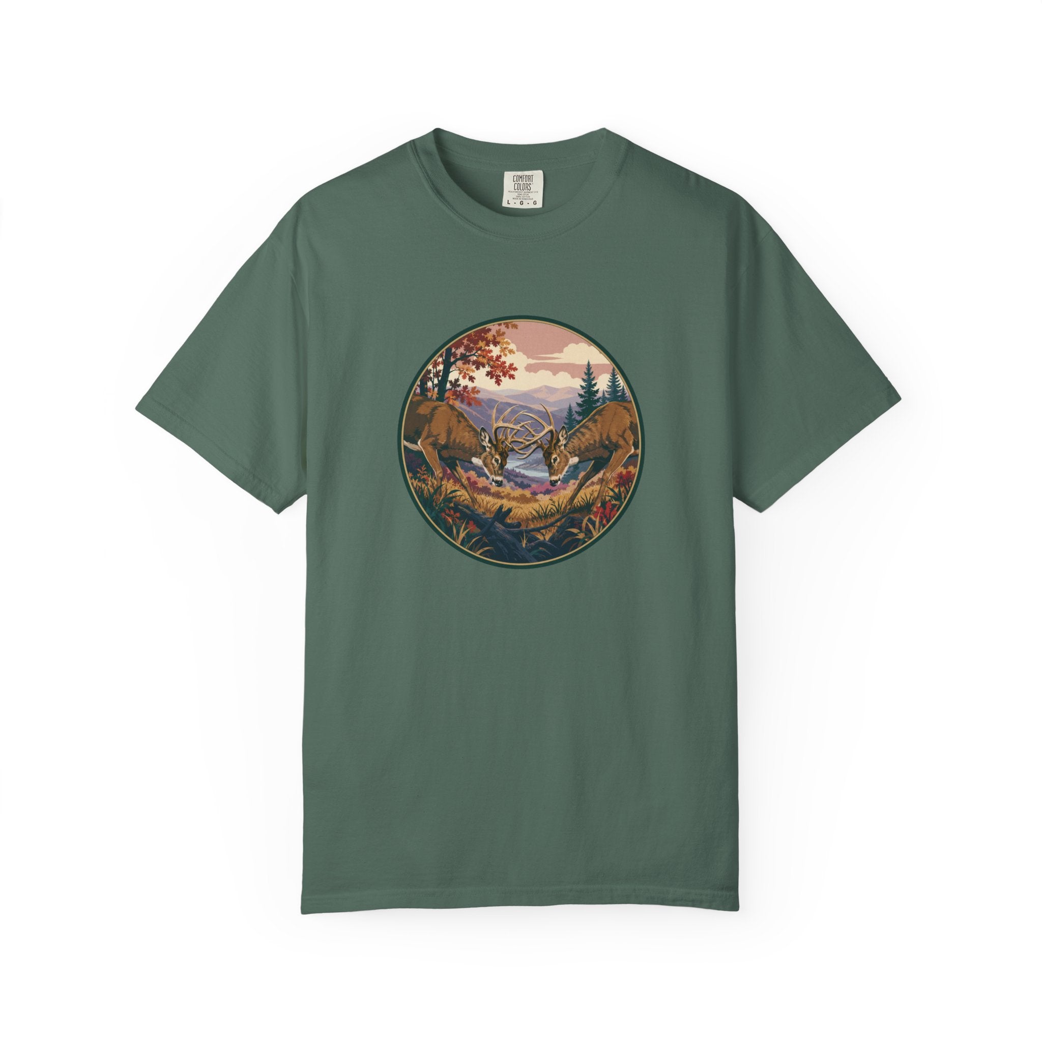 Scenic Wilderness Circle T-Shirt — Mountain Camping & Deer Nature Graphic