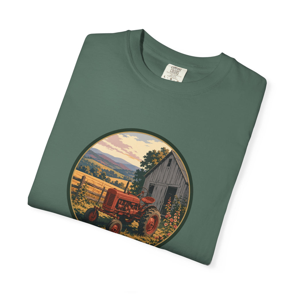 Vintage Farm Tractor T-Shirt — Rustic Barnyard Sunset Graphic Tee