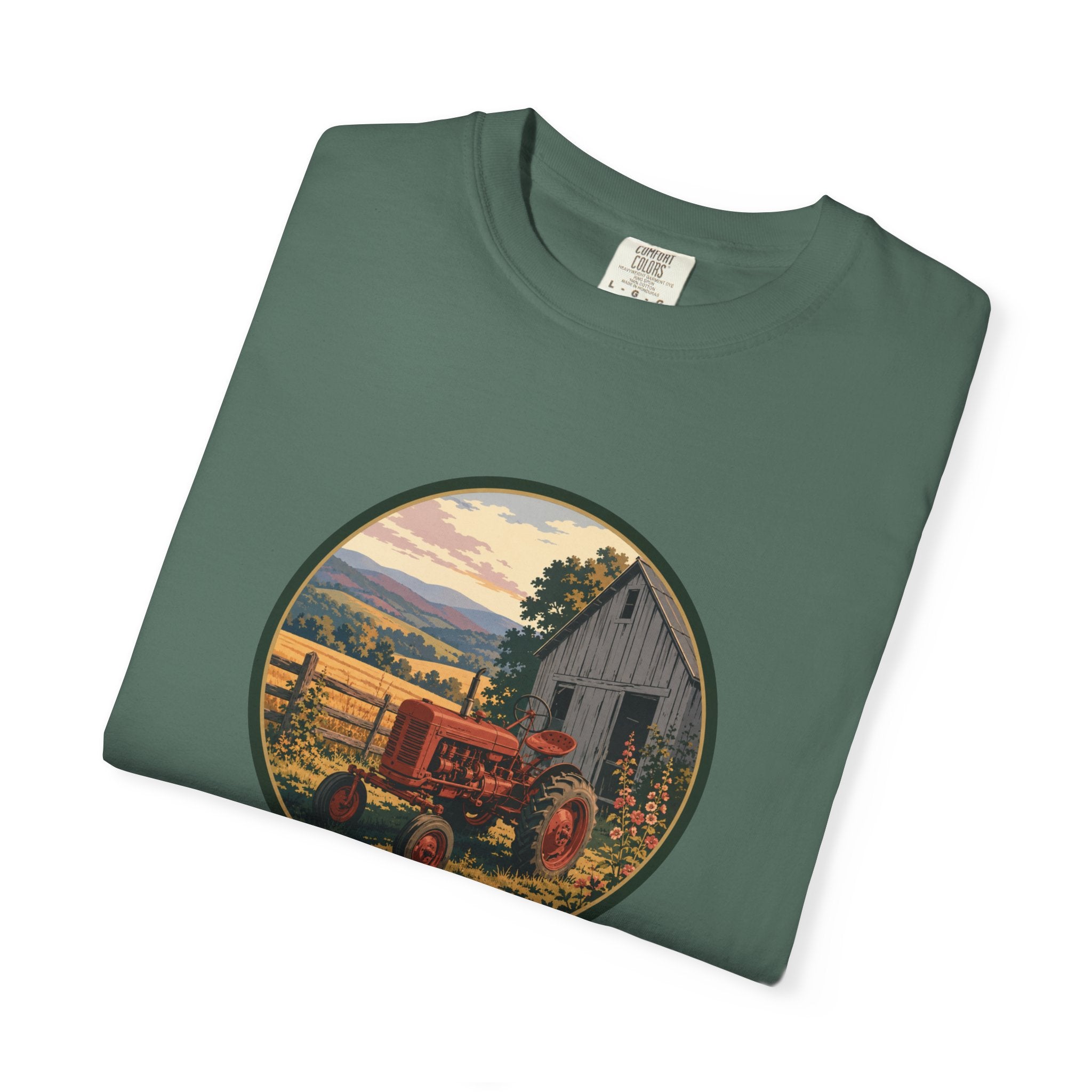 Vintage Farm Tractor T-Shirt — Rustic Barnyard Sunset Graphic Tee