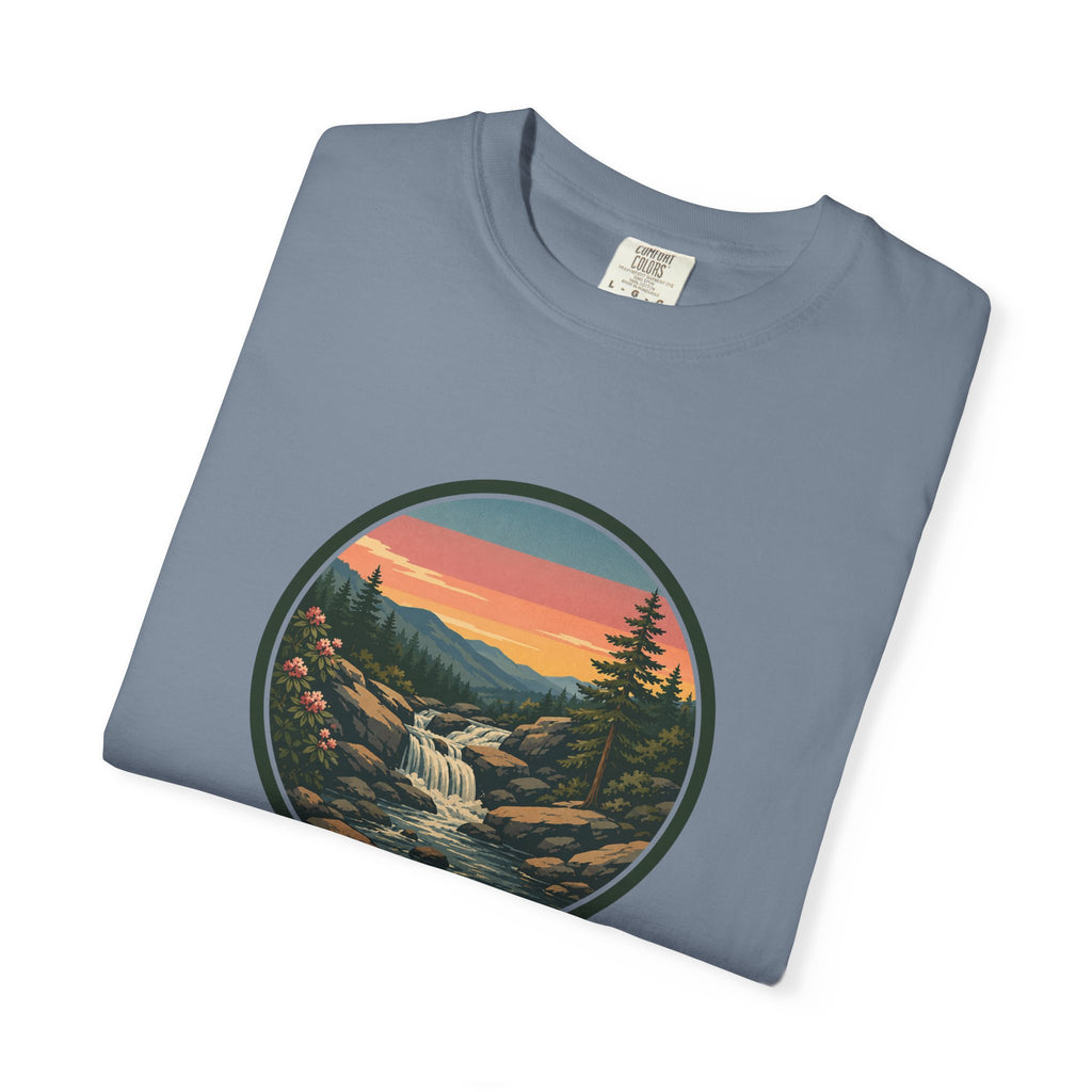 Scenic Waterfall T‑Shirt — Sunset Wilderness Nature Graphic