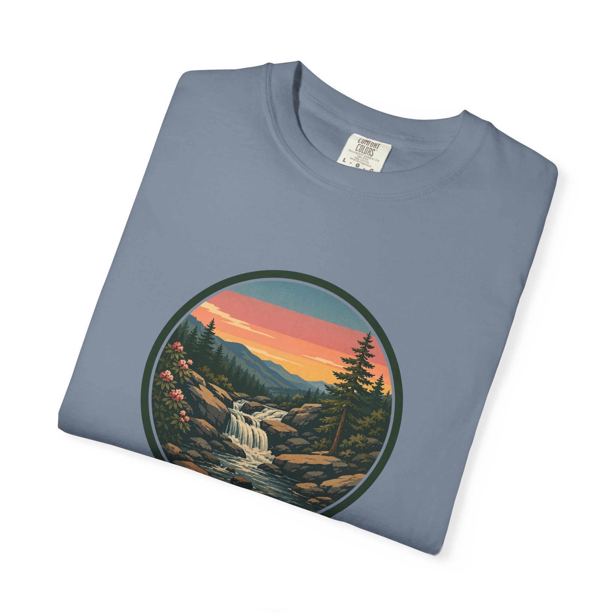 Scenic Waterfall T‑Shirt — Sunset Wilderness Nature Graphic