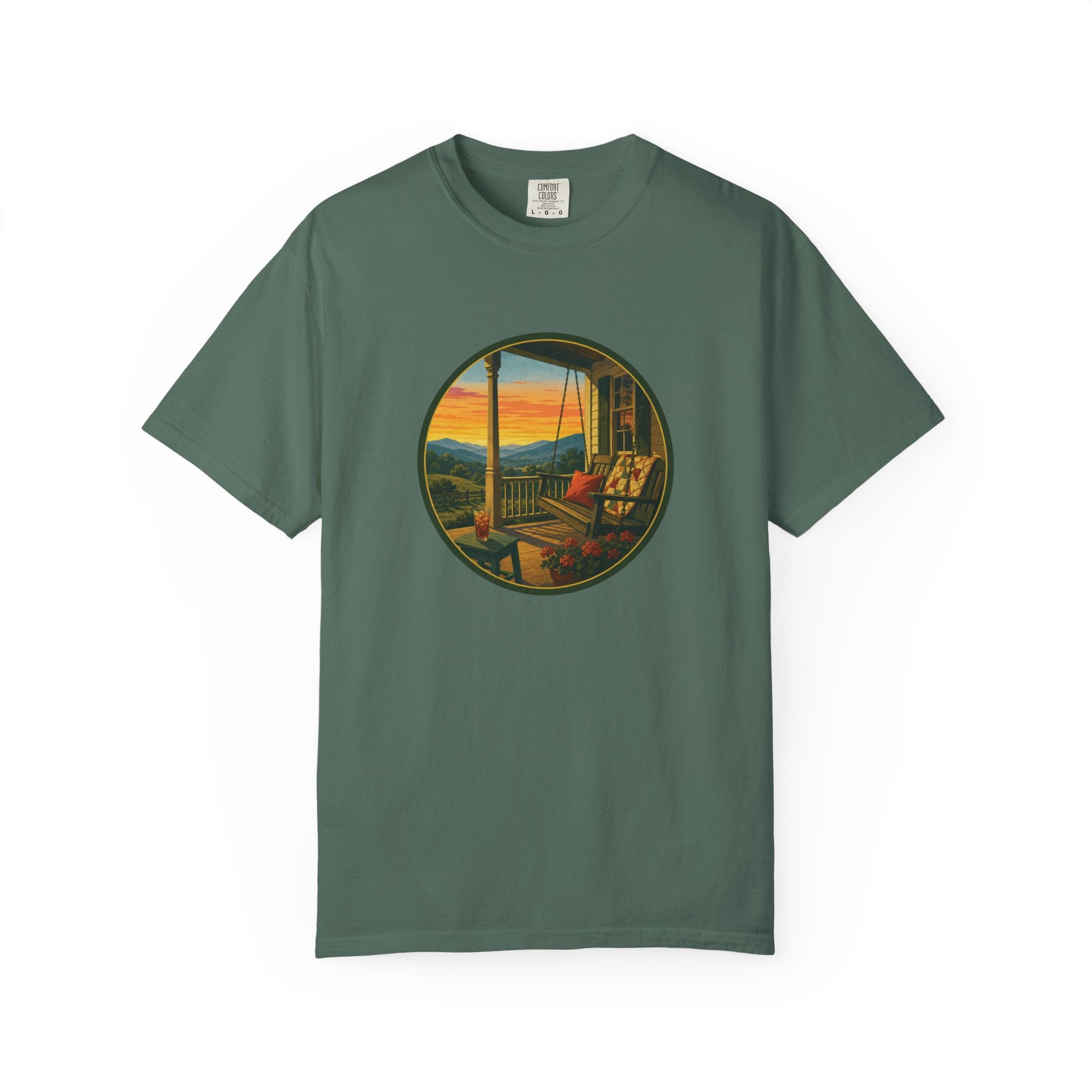 Sunset Porch Circle T-Shirt — Scenic Porch Swing Graphic Tee