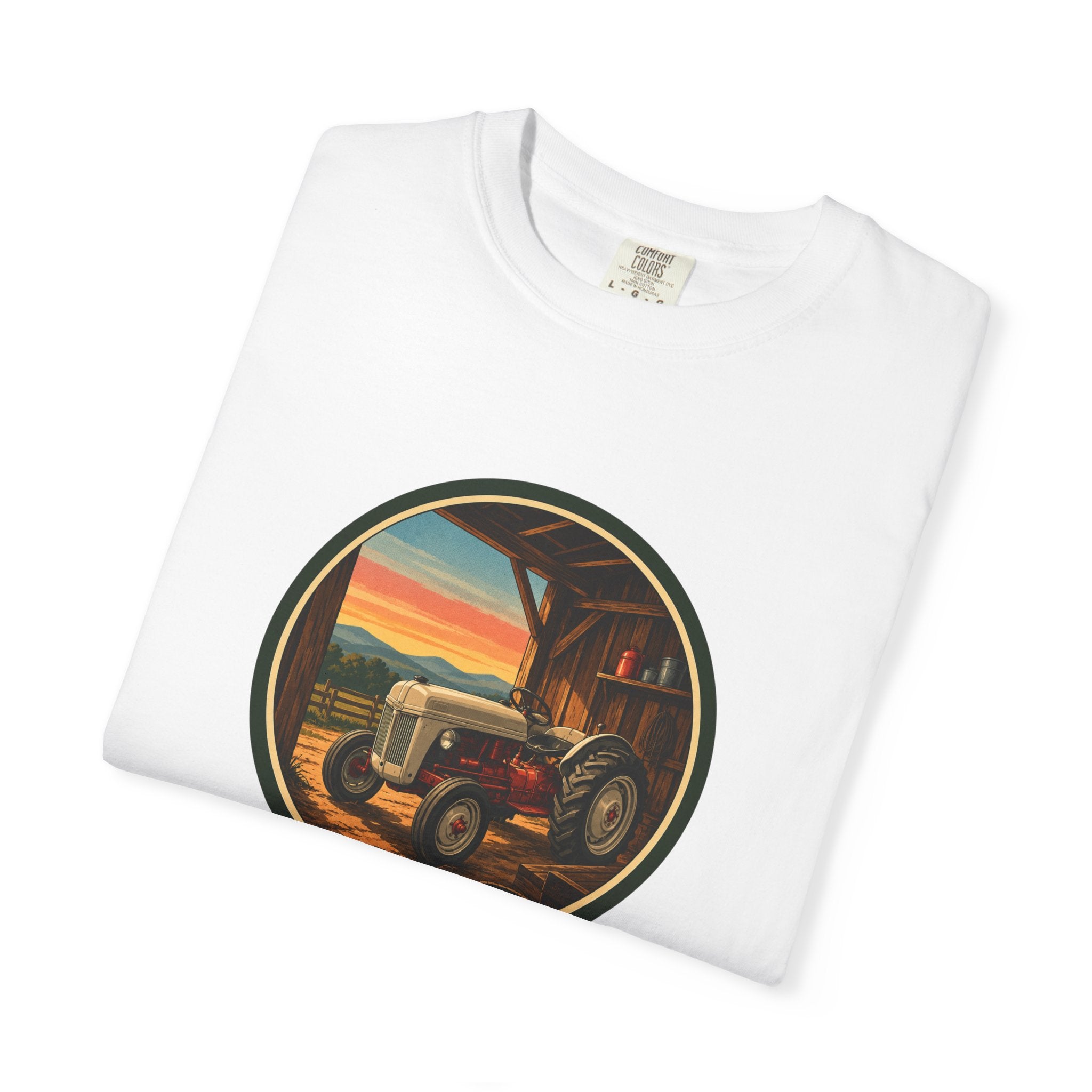 Vintage Tractor Circle T-Shirt — Rustic Farmstead Sunset Tee