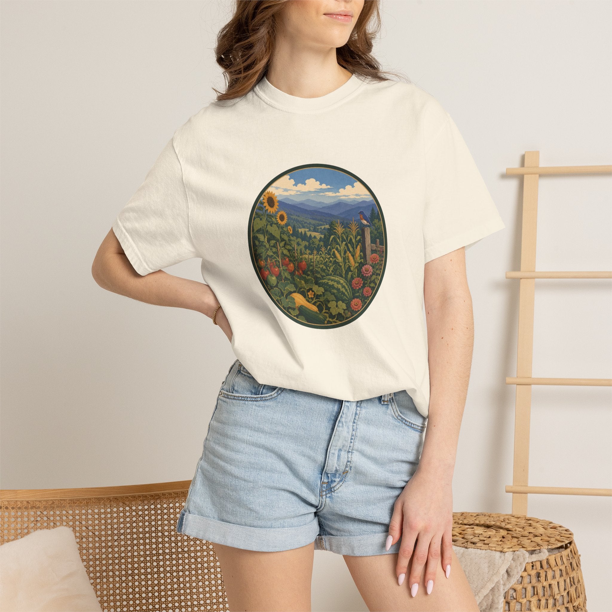 Scenic Garden Circle T-Shirt — Mountain Meadow Fresh Vegetables Graphic Tee