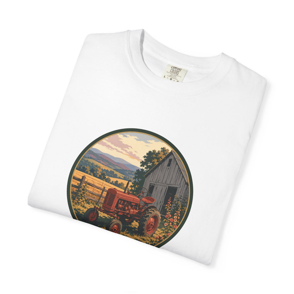 Vintage Farm Tractor T-Shirt — Rustic Barnyard Sunset Graphic Tee