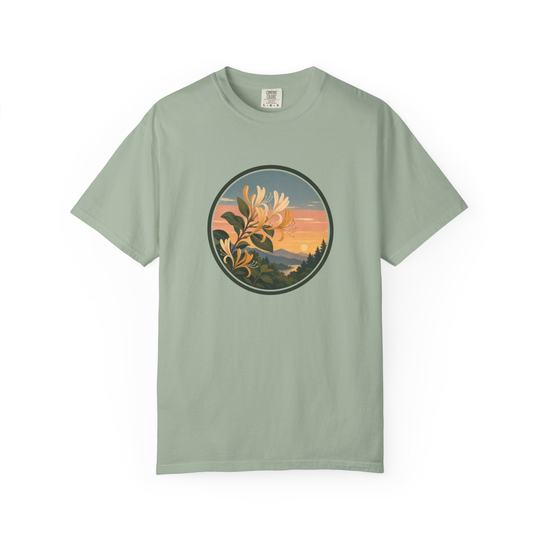 Sunset Honeysuckle T-Shirt — Floral Sunset Circle Graphic Tee