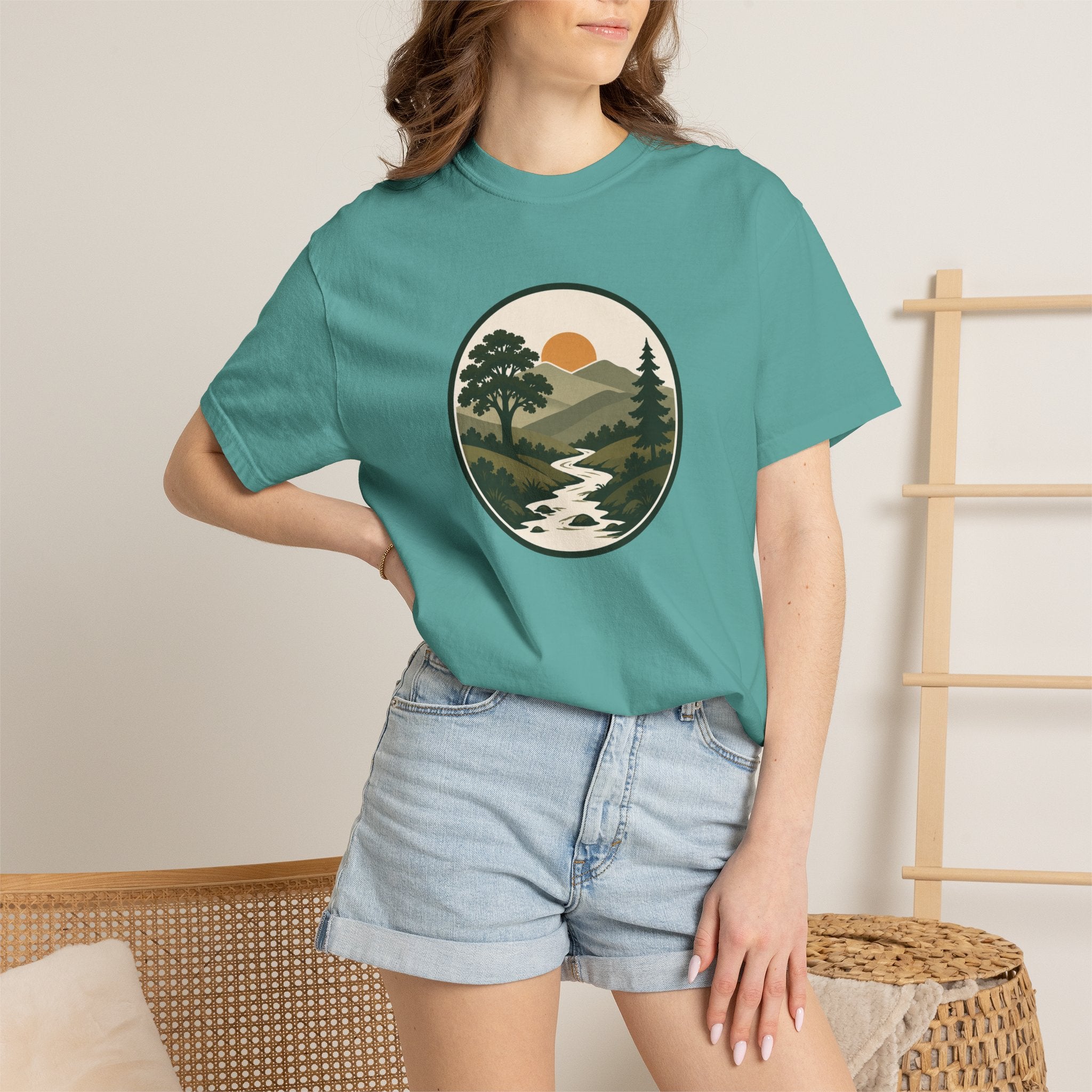 Simple Goodness Badge T-Shirt — Scenic Mountain Sunset River Design
