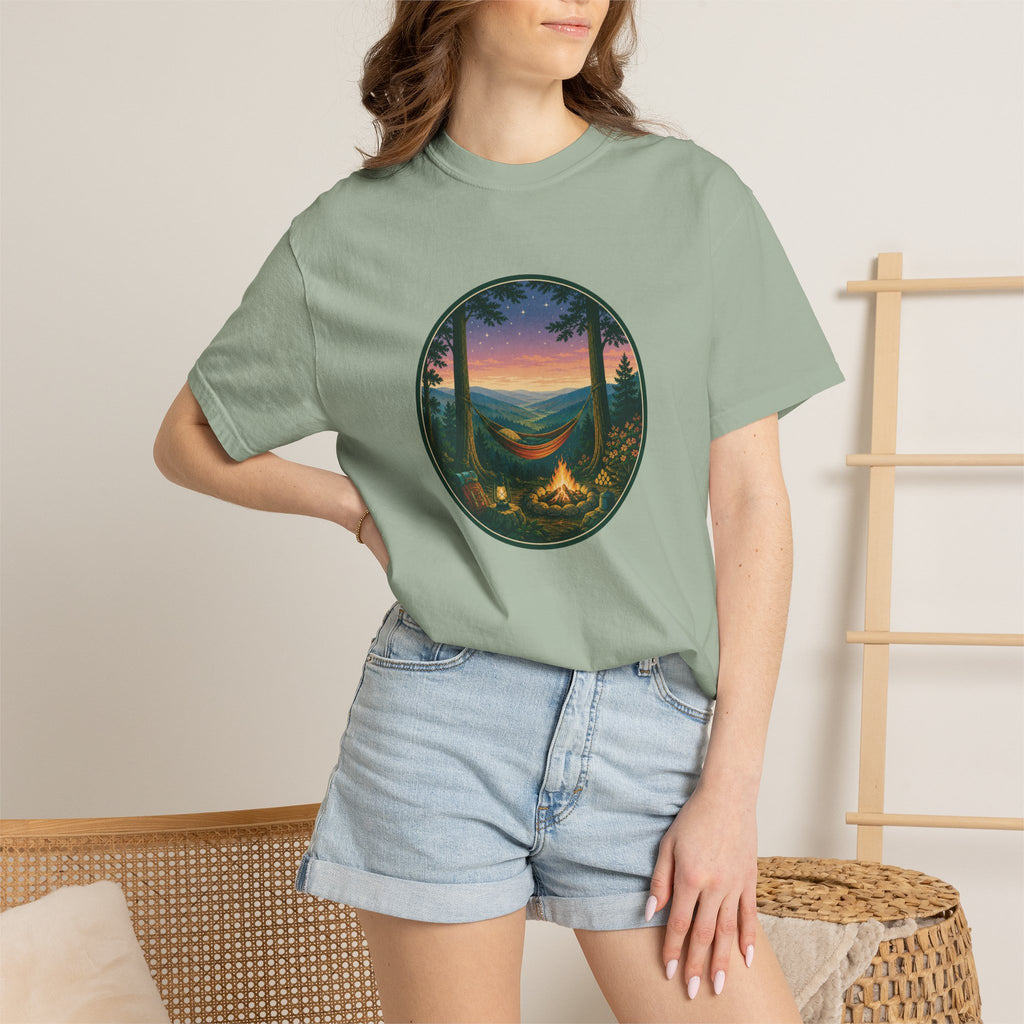 Hammock Camping Sunset T-Shirt — Bonfire Night Outdoor Graphic Tee