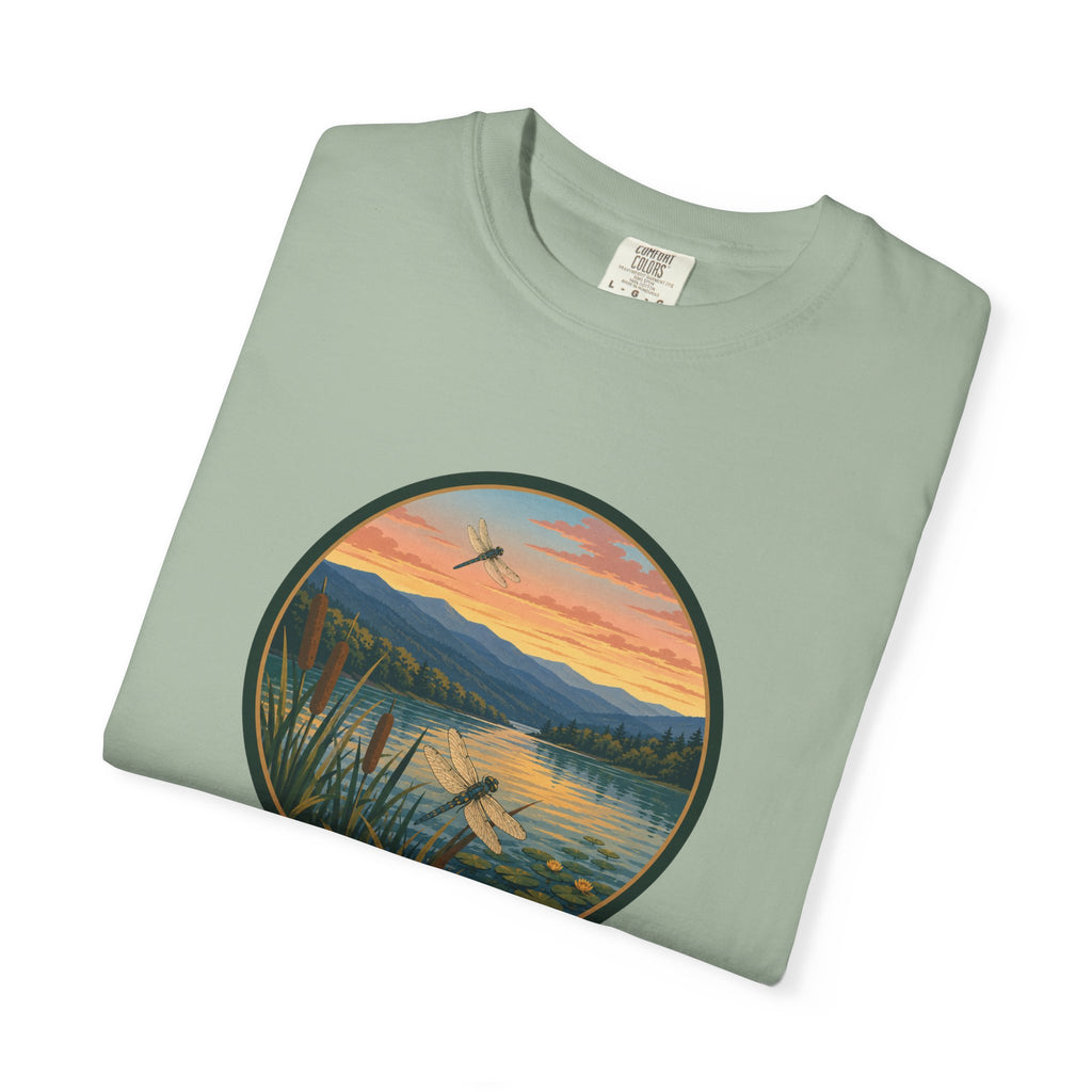 Dragonfly Sunset Lake Scene T-Shirt — Scenic Mountain Nature Tee