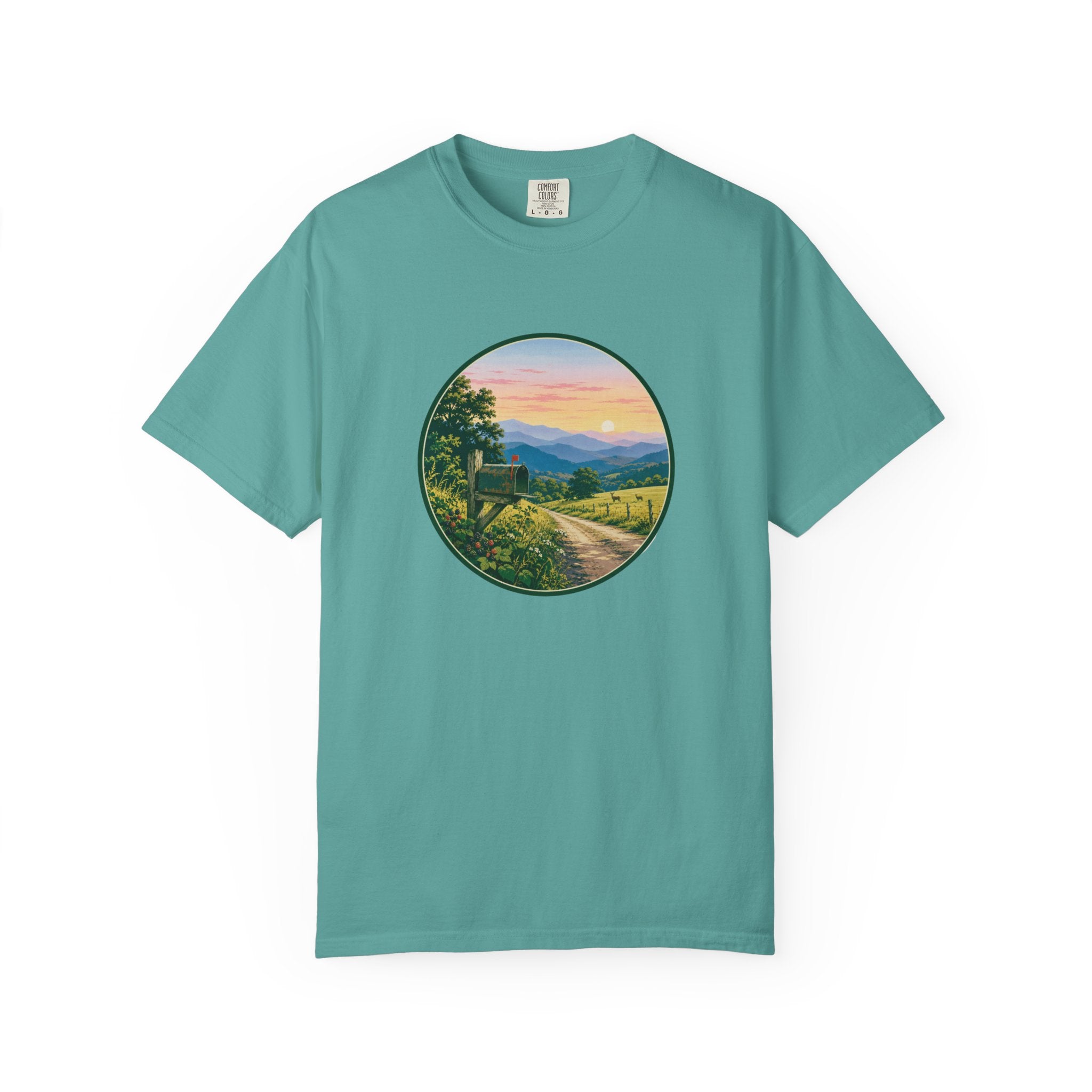 Scenic Backroad Sunset T-Shirt — Vintage Mailbox Circle Landscape Tee