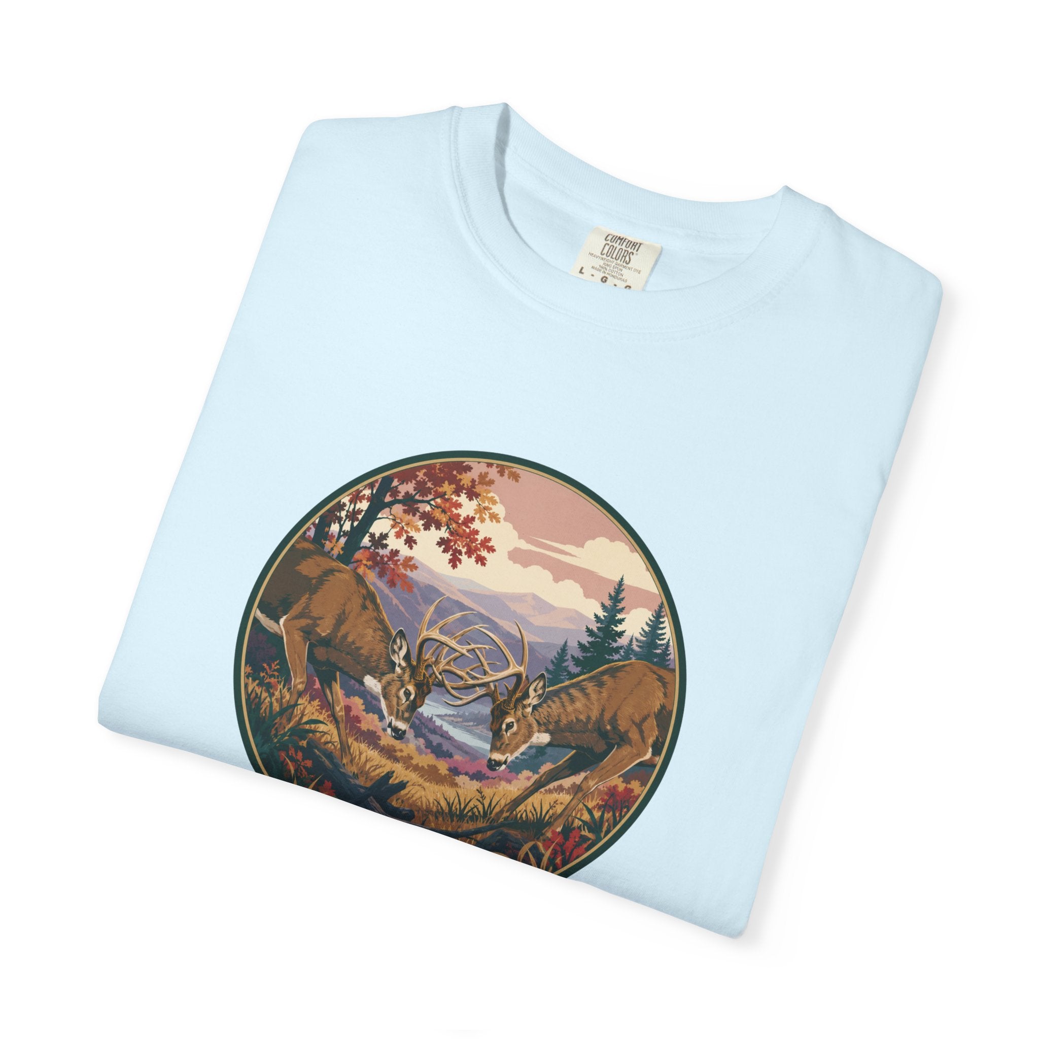 Scenic Wilderness Circle T-Shirt — Mountain Camping & Deer Nature Graphic