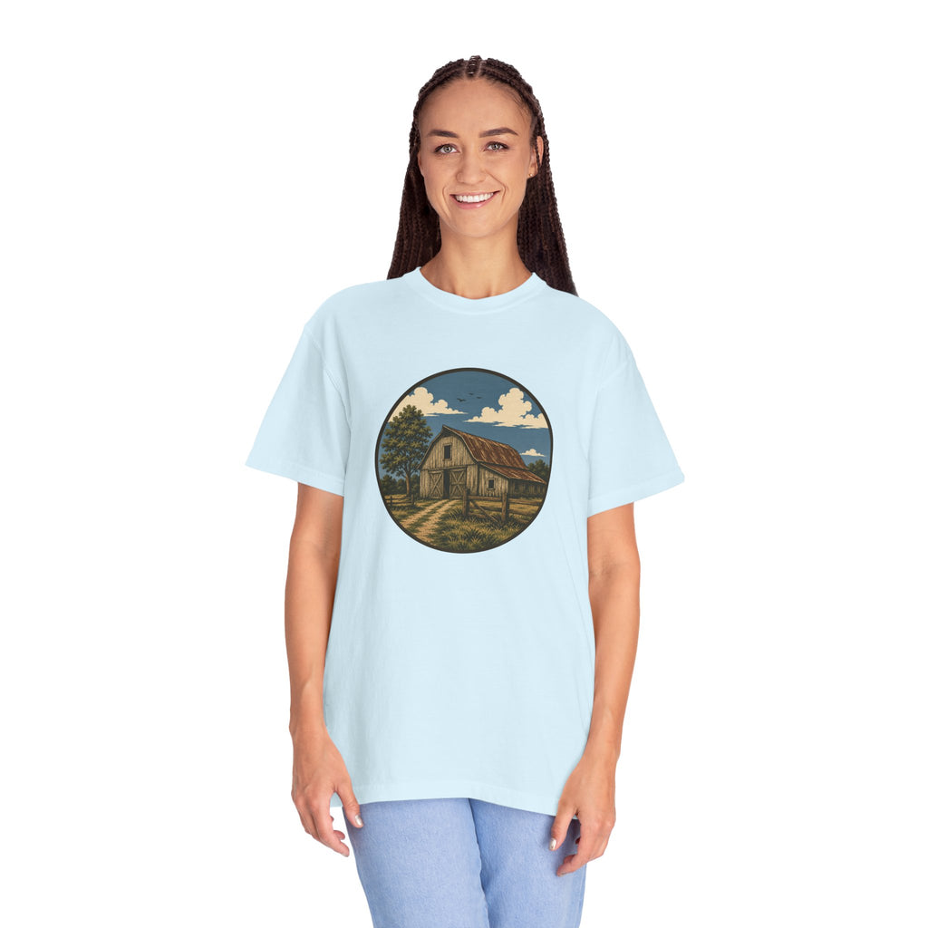 Barn Scene T-Shirt — Rustic Farmhouse Circle Graphic Tee