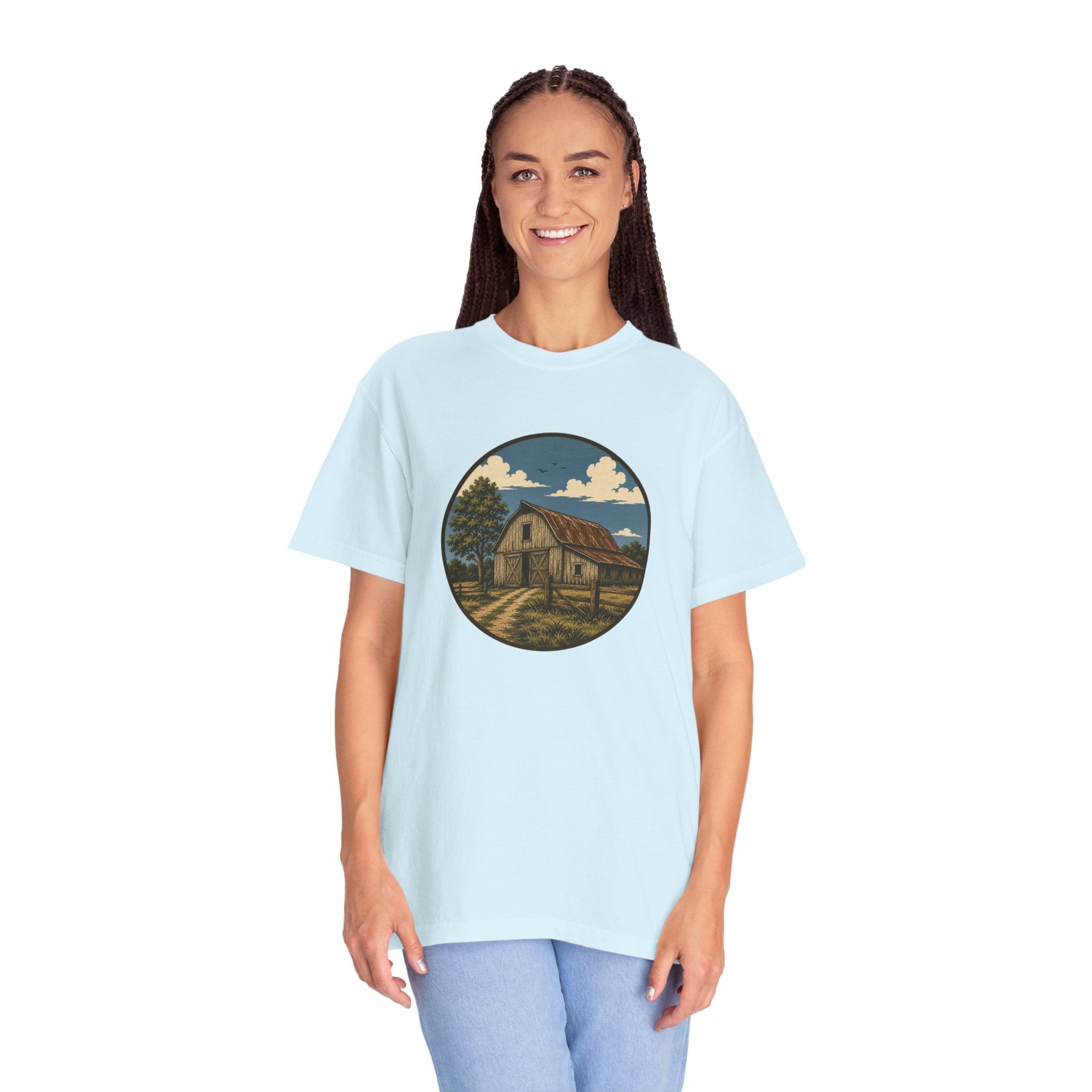 Barn Scene T-Shirt — Rustic Farmhouse Circle Graphic Tee