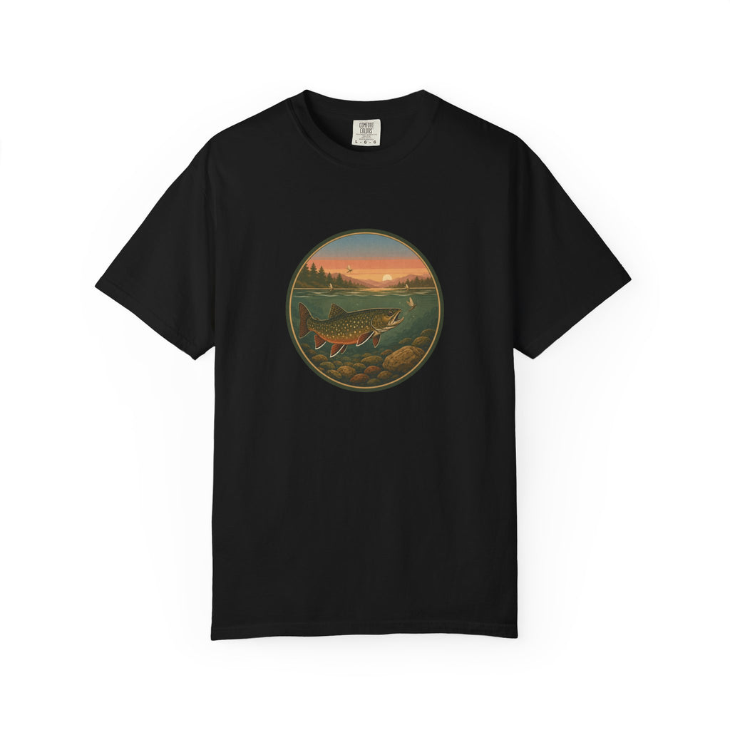 Brook Trout Sunset Fishing T-Shirt — Vintage River Scene Tee