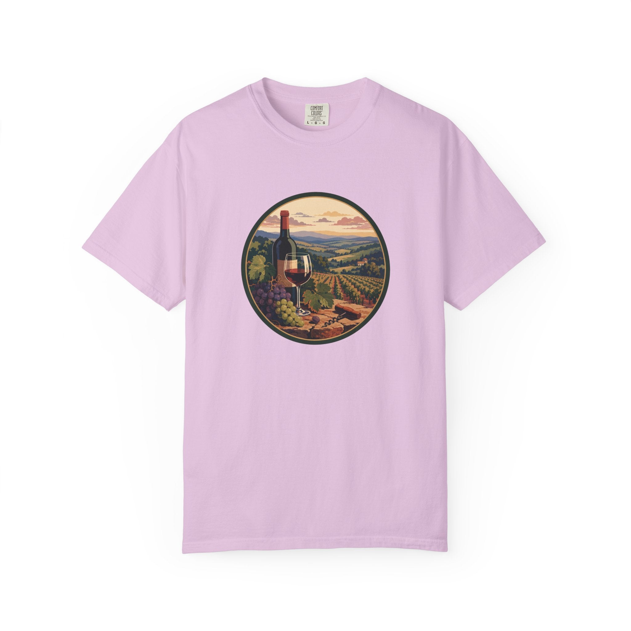 Wine Country Scenic T-Shirt – Vineyard Bottle & Sunset Graphic