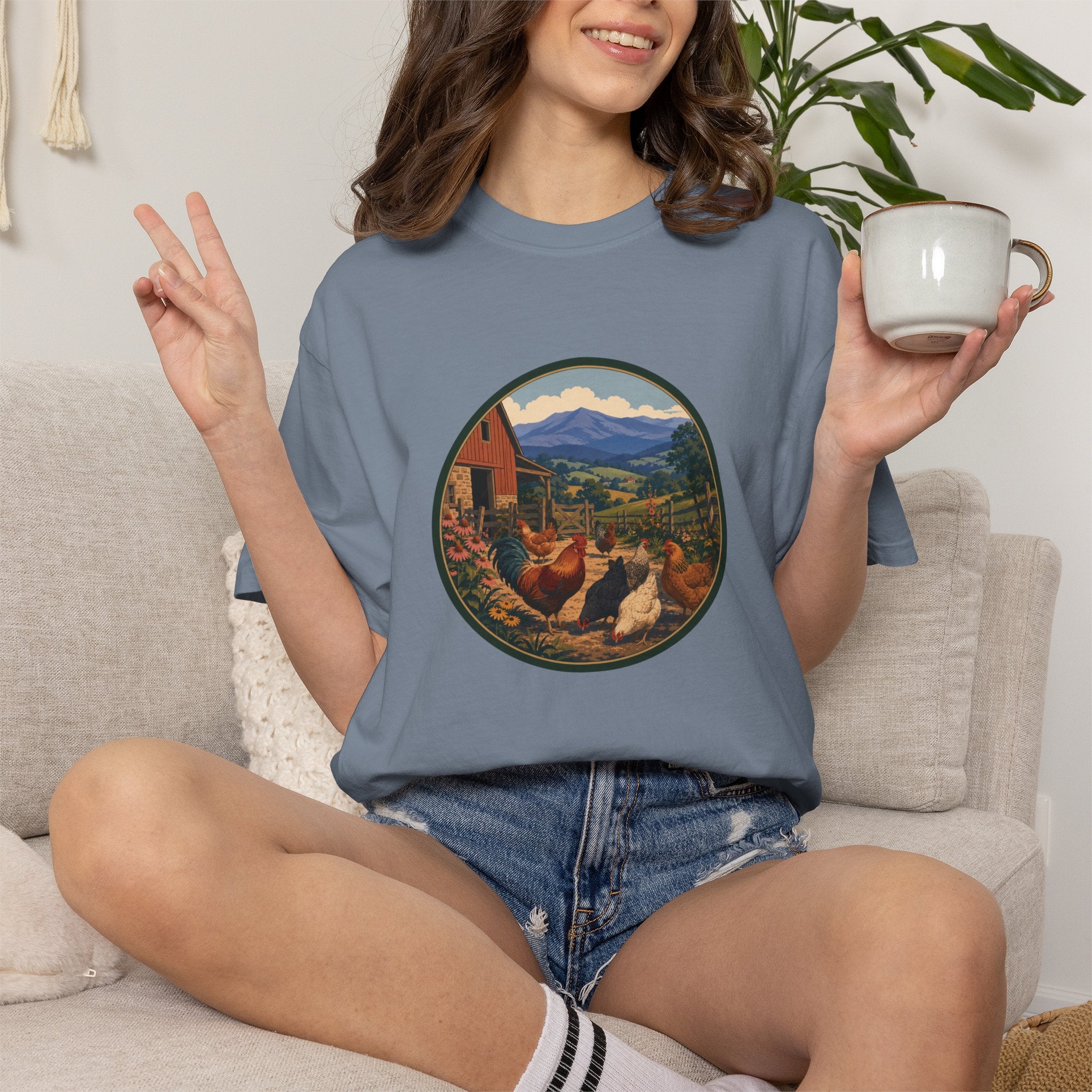 Chicken Farm Vintage Tee — Pastoral Hen Scene T-Shirt