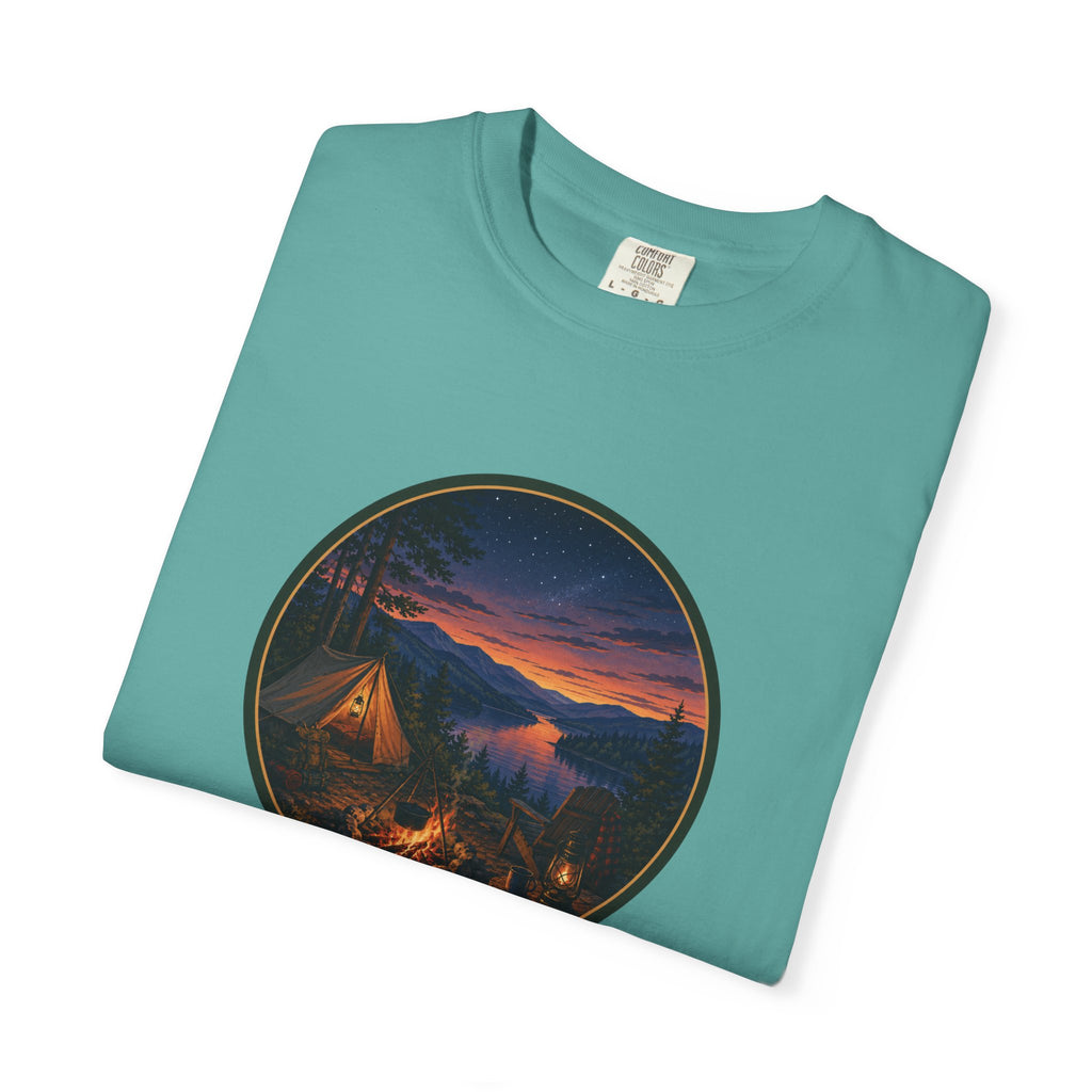 Camping Sunset T-Shirt — Riverside Campfire Night Scene